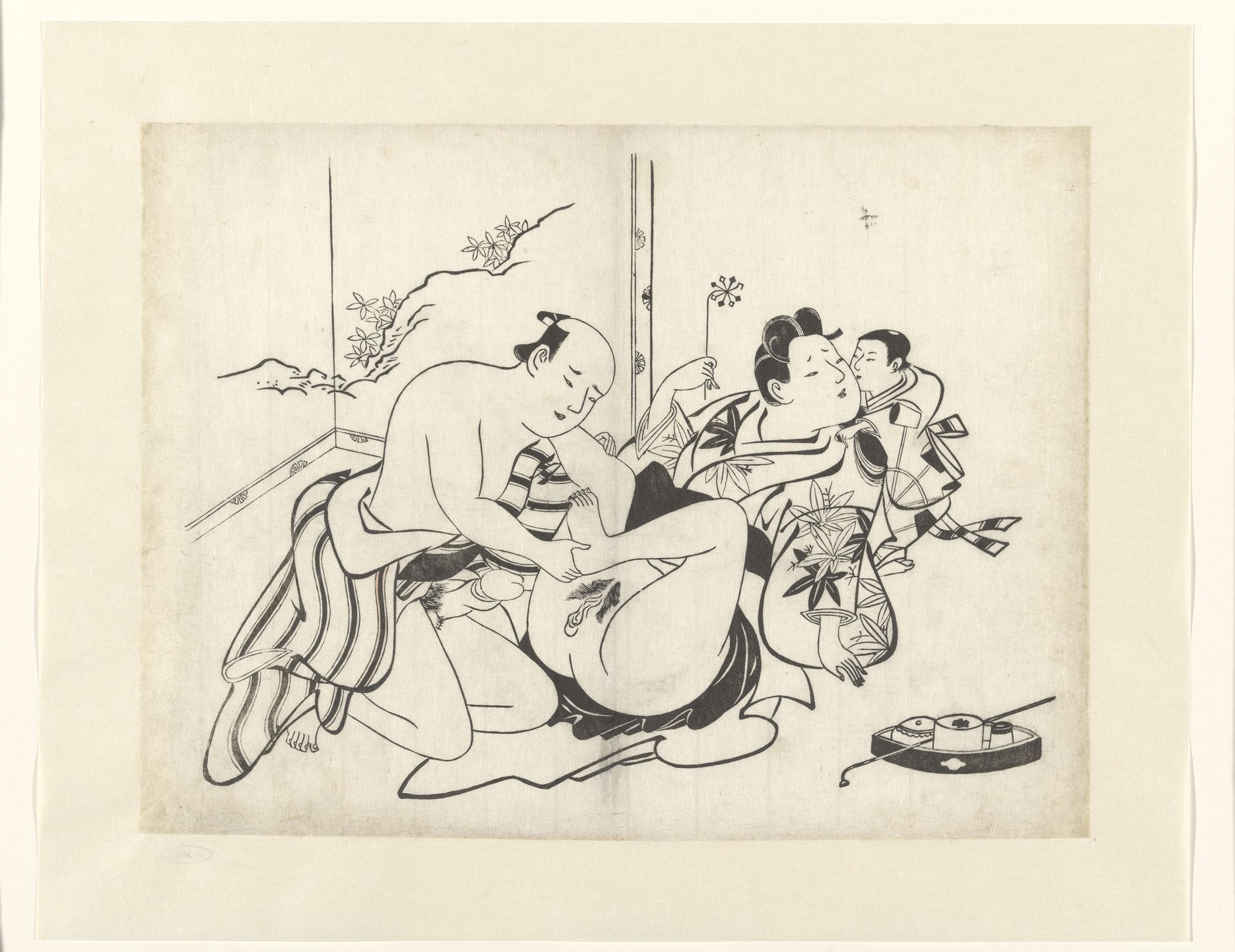 Erotische voorstelling met rookgerei en kamerscherm by Torii Kiyonobu I