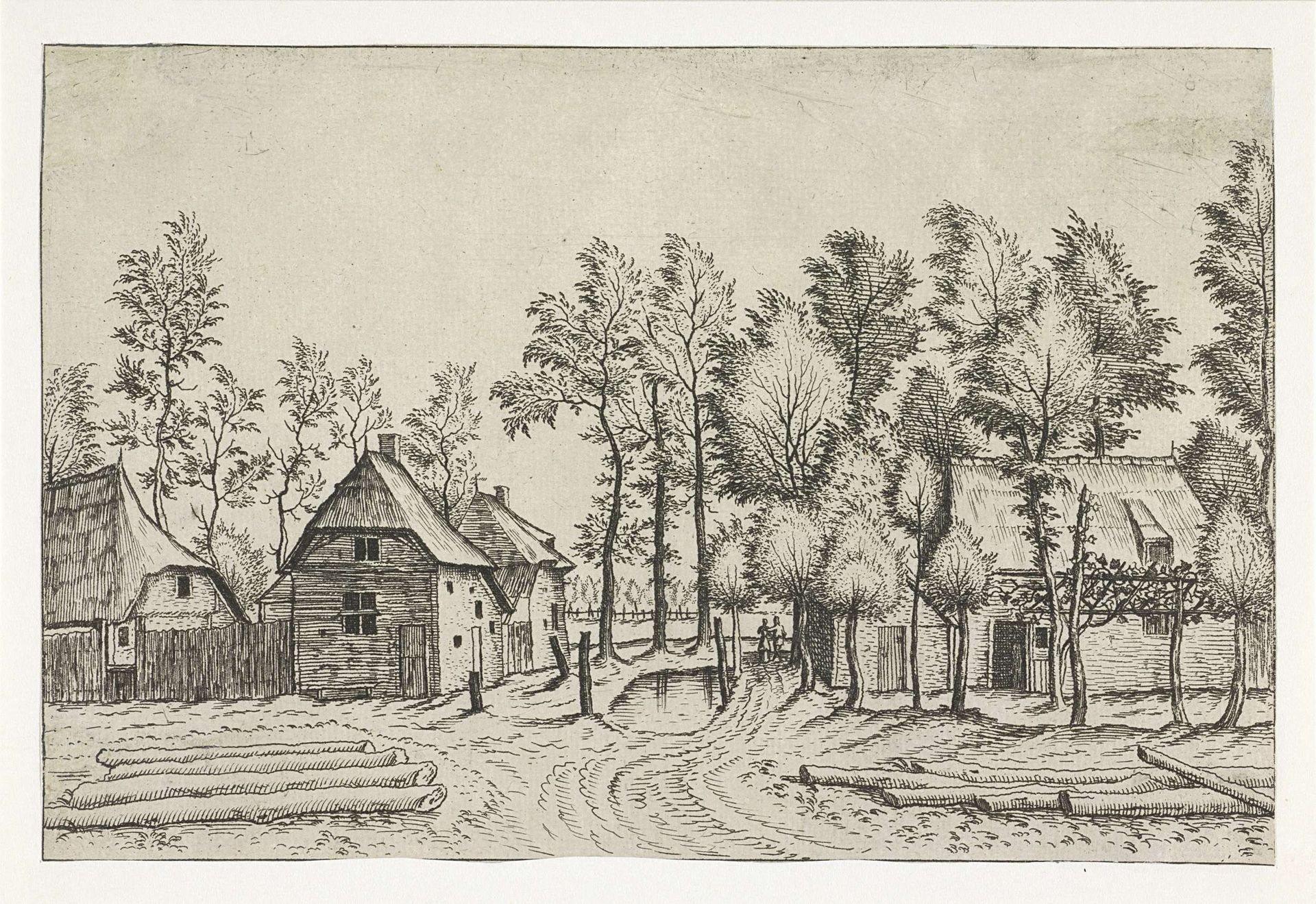 Dorpsstraat met boomstammen by Johannes of Lucas van Doetechum