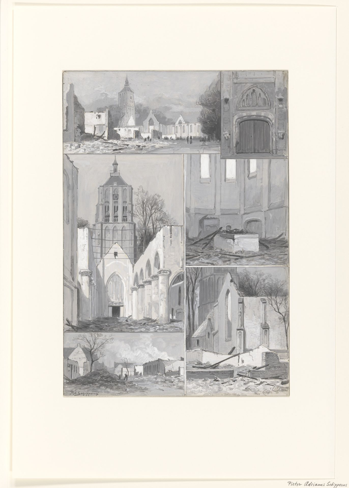 Verschillende gezichten op en in de kerk van Asperen na een brand by Piet Schipperus