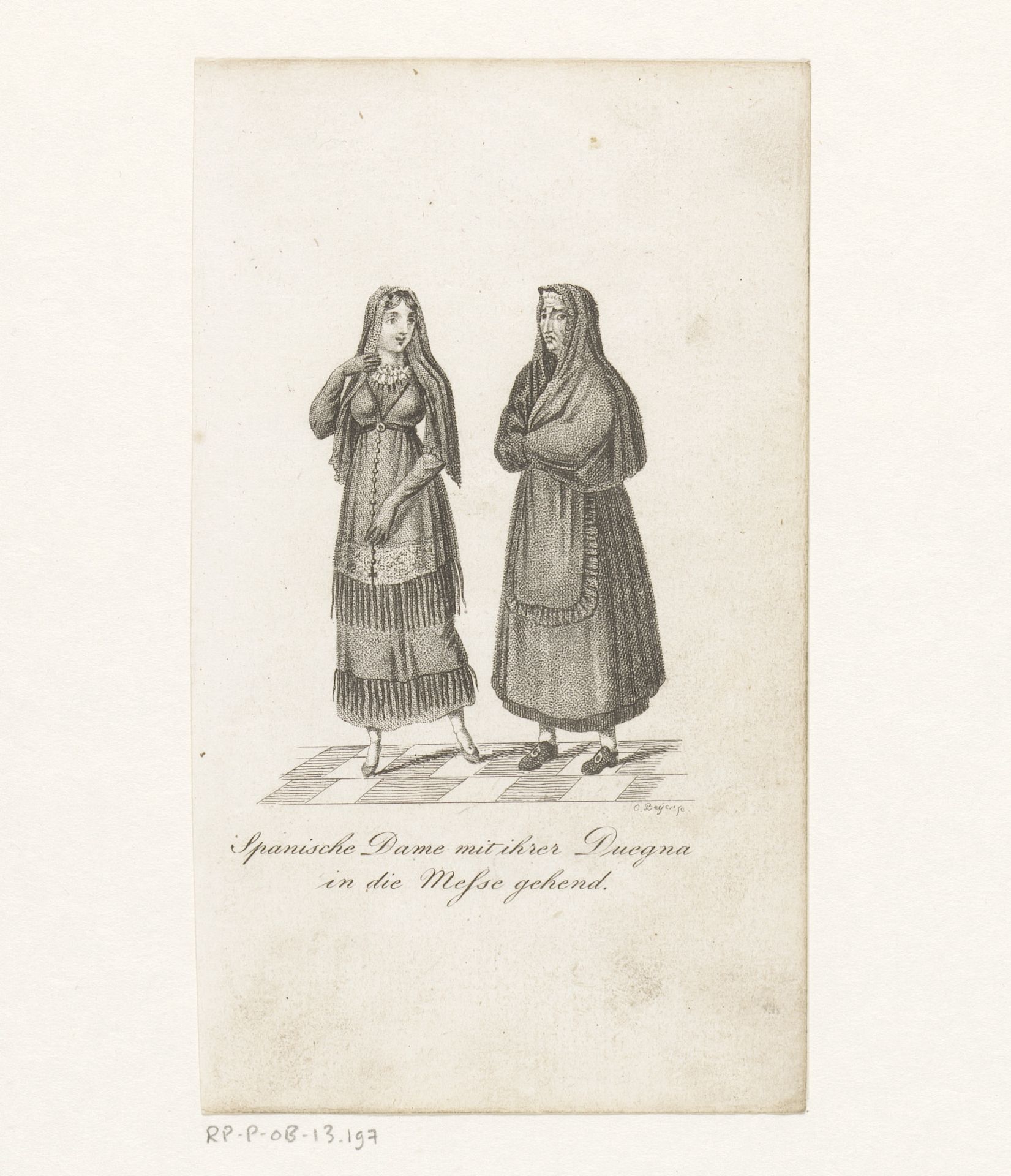 Jonge Spaanse vrouw met haar gouvernante op weg naar de mis by Charles Beyer