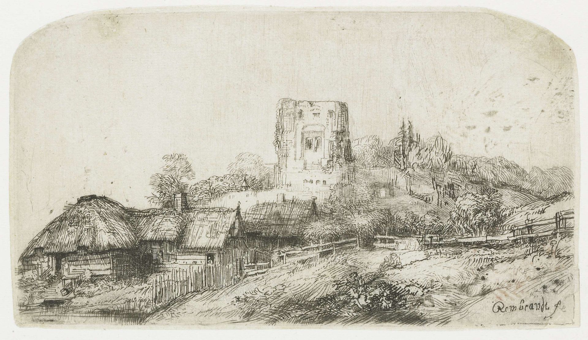 Landscape with a square tower by Rembrandt van Rijn