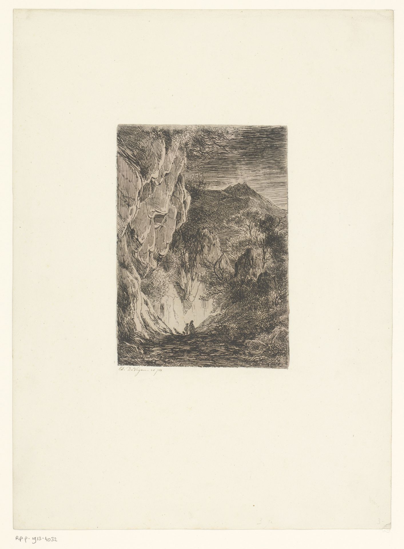 Berglandschap met figuren op een weg langs een rotswand by Edouard De Vigne
