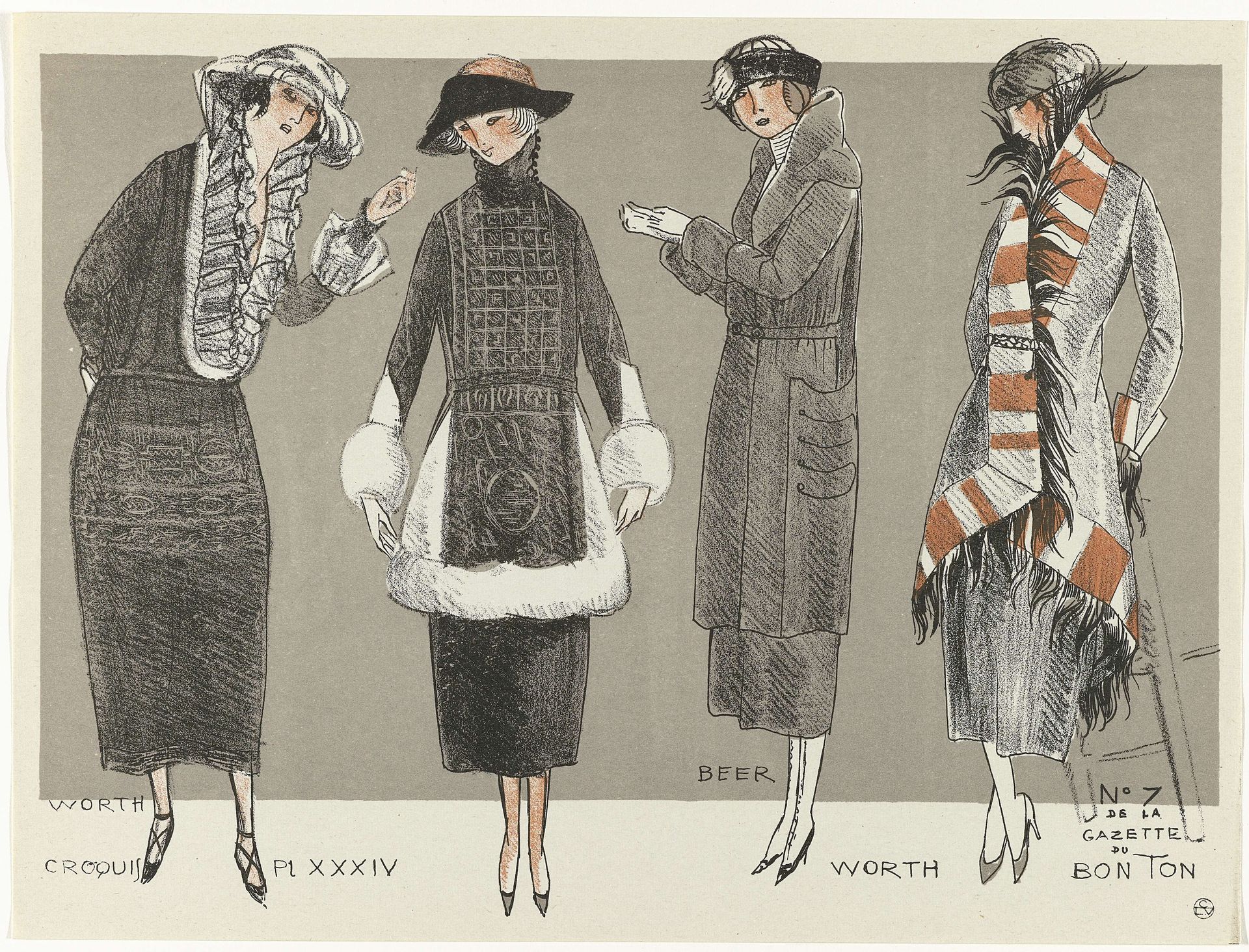 Gazette du Bon Ton, 1920 - No. 7, Croquis Pl XXXIV: Worth / Beer / Worth by Fernand Siméon