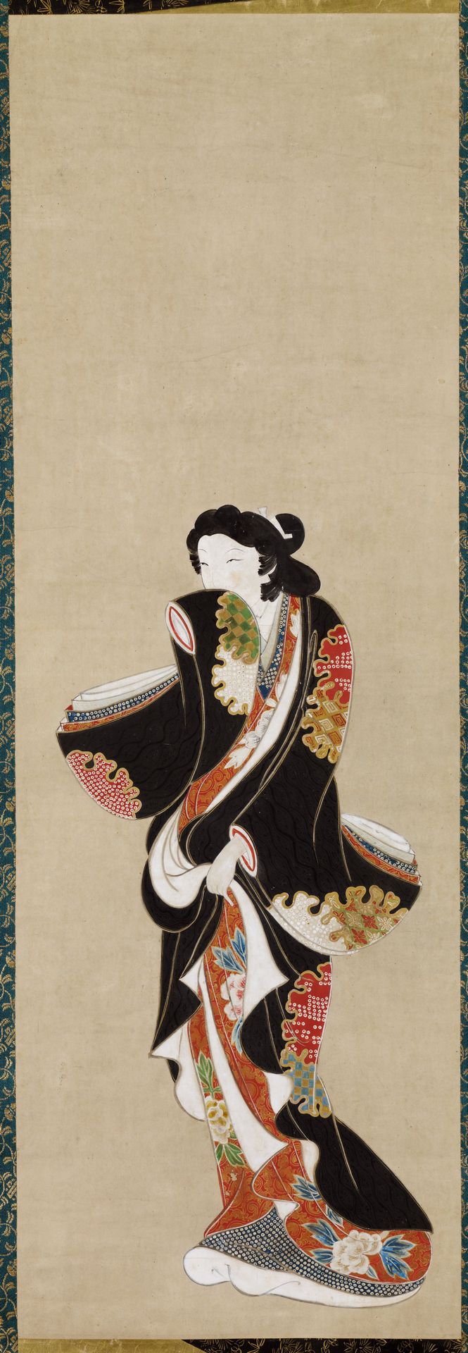 Standing Beauty with Sleeve to Her Mouth by Attributed to Iwasa Katsushige