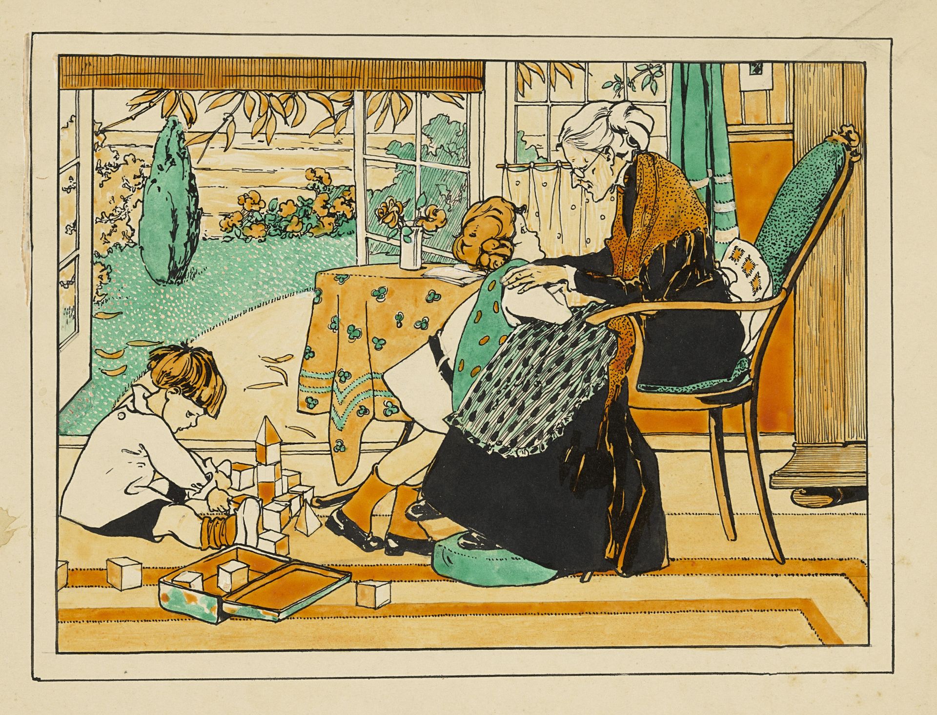 Twee kinderen en een oude vrouw in een interieur by Nelly Spoor
