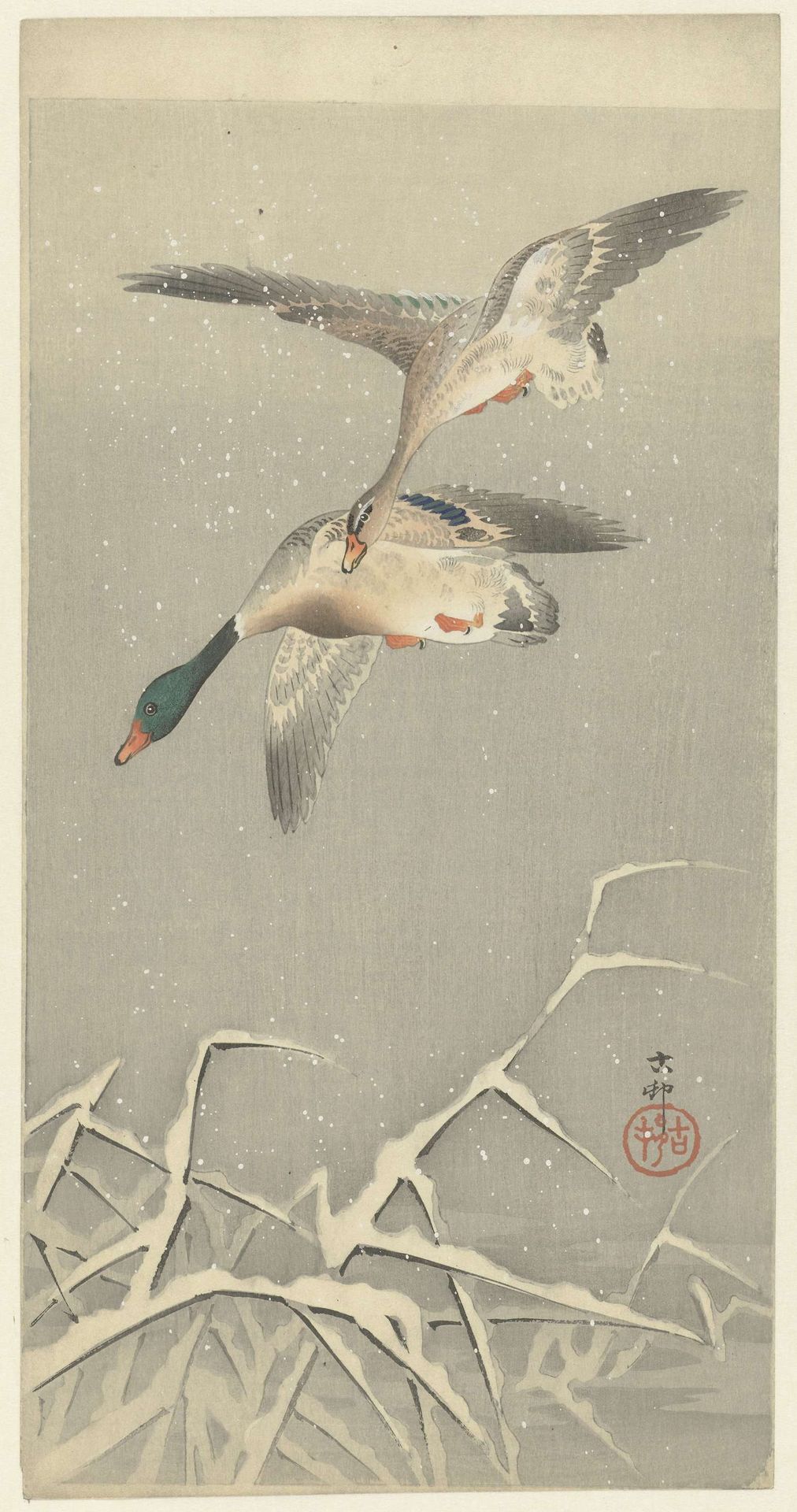 Twee wilde eenden in vlucht by Ohara Koson
