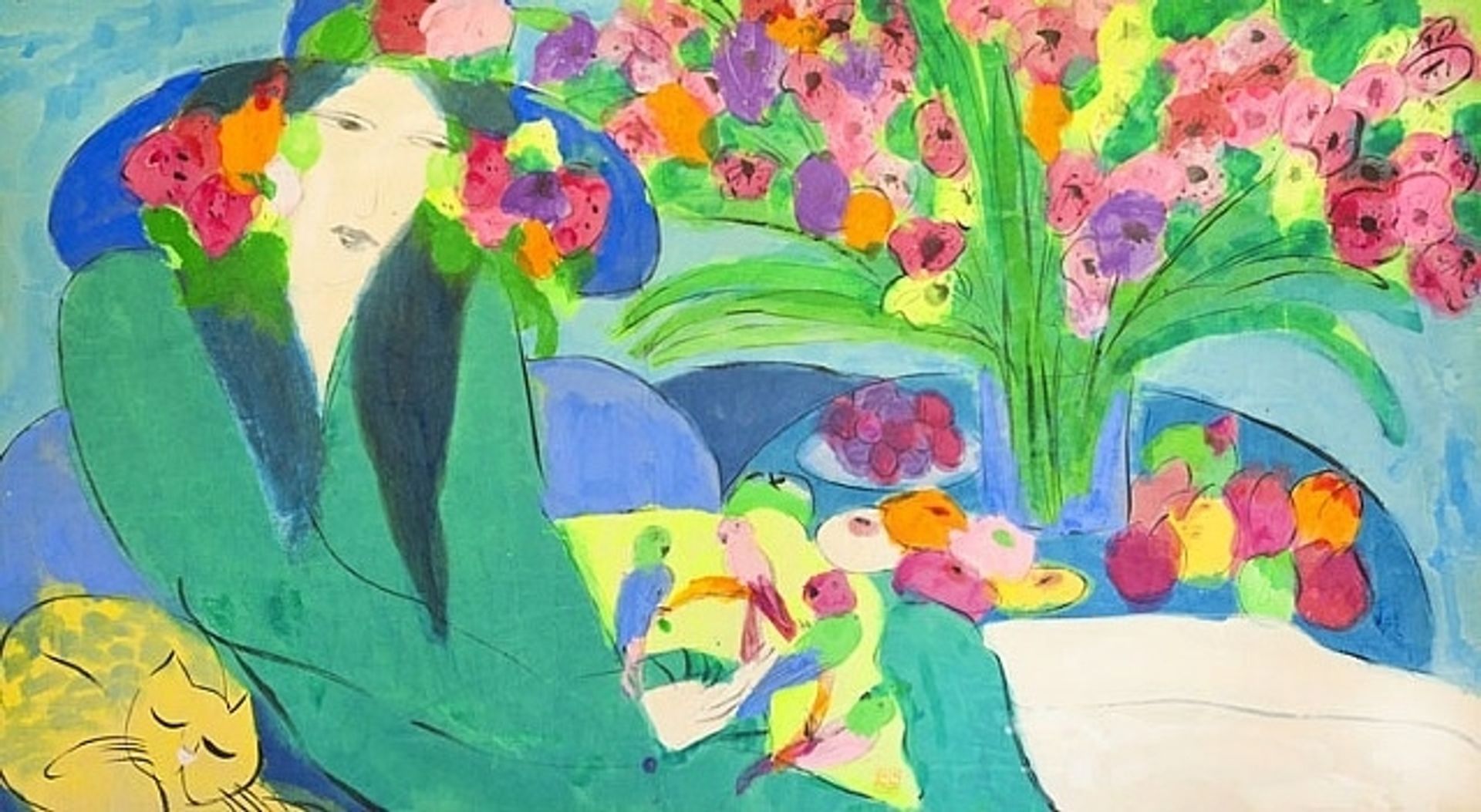 Woman with Parrots and a Cat by Walasse Ting