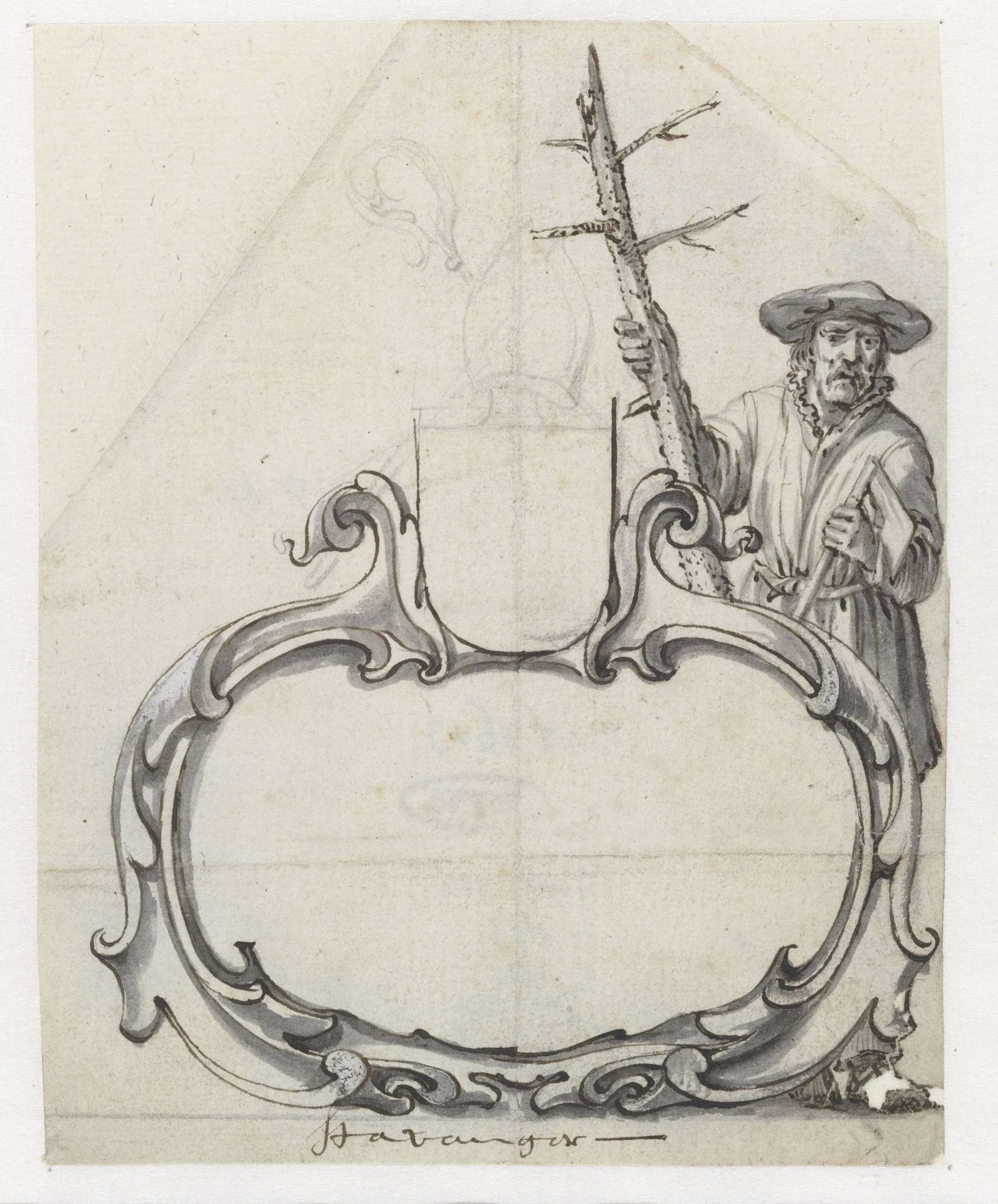 Cartouche met een man met een dennenstam by Pieter Jansz.