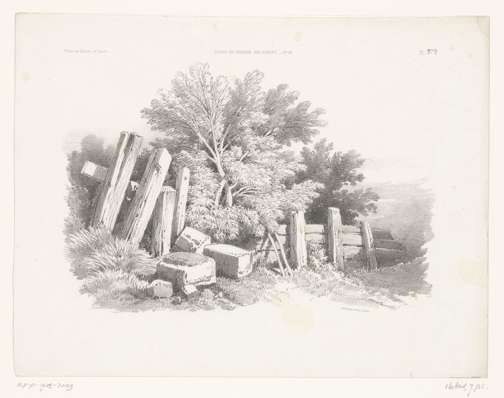 Heuvellandschap met bomen, hek en losse stenen by Jean Baptiste Louis Hubert
