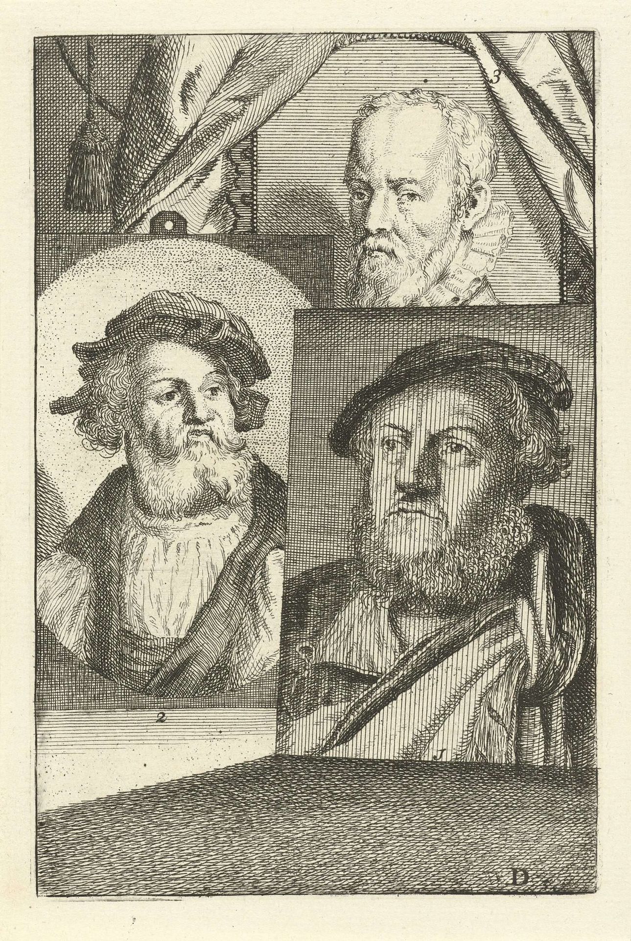 Portretten van Hans Sebald Beham, Lucas Cranach I en Gerard de Jode by Jan l' Admiral