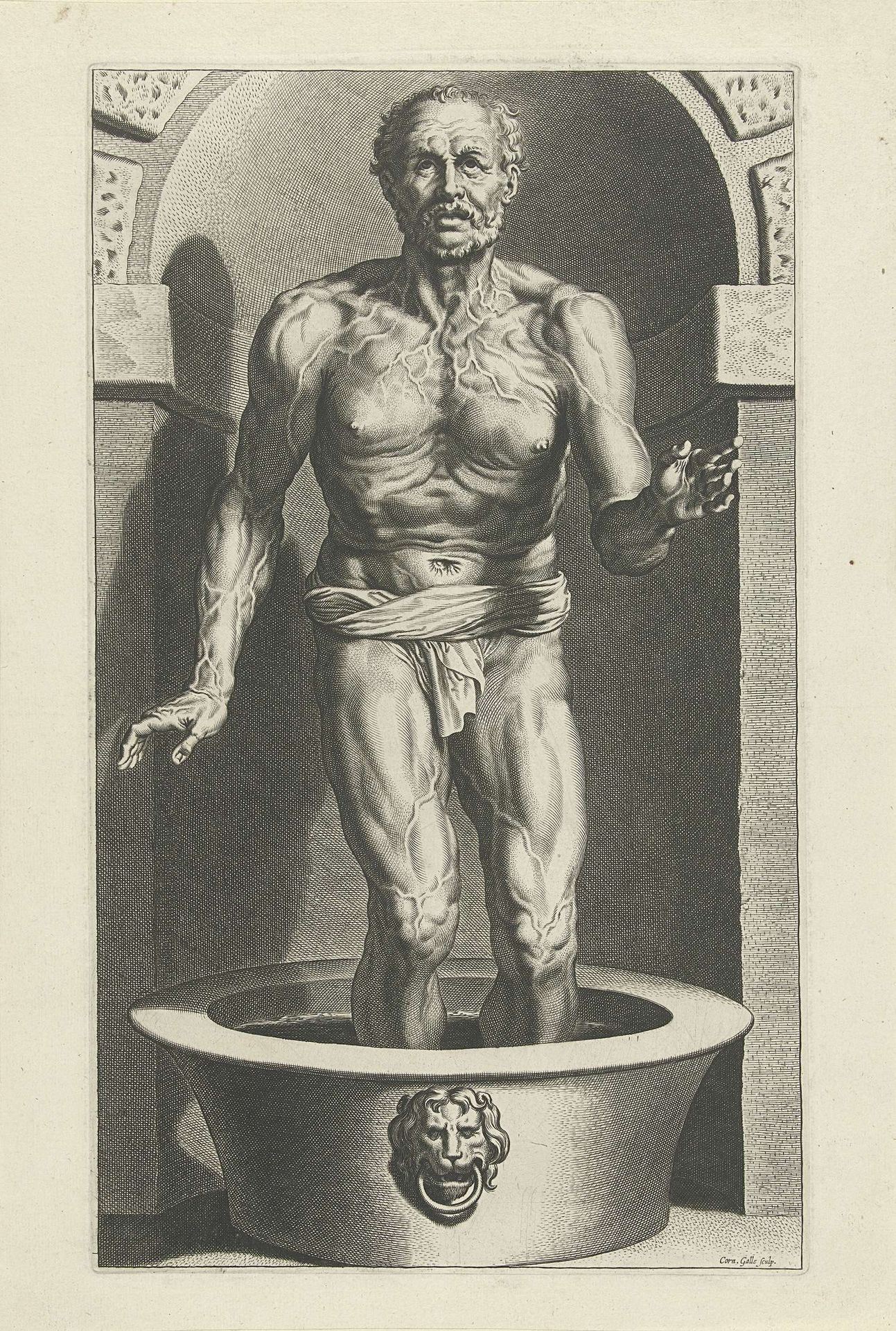 Seneca staand, met zijn voeten in bad by Cornelis Galle I
