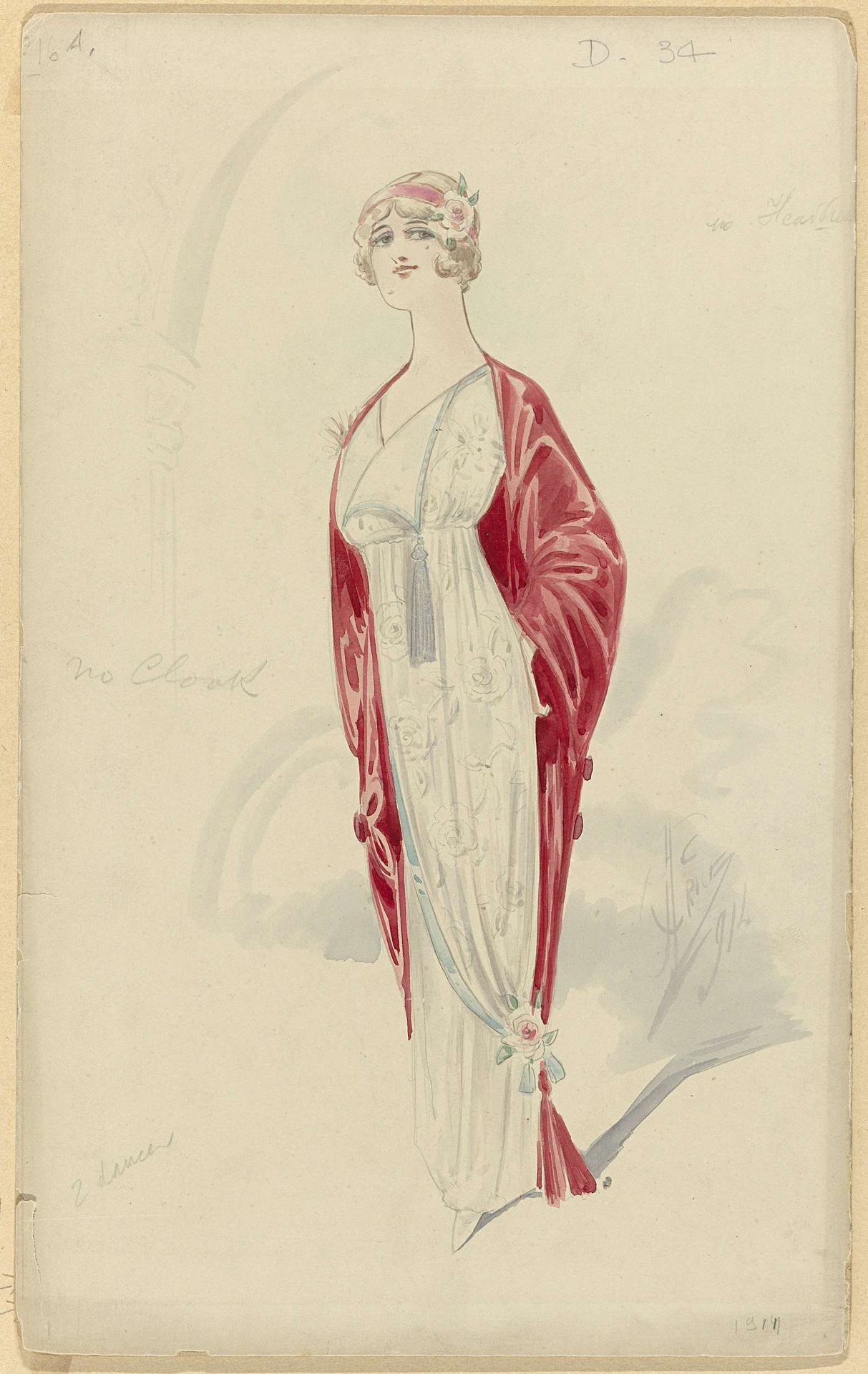 Vrouw in witte avondjurk met bloempatroon, 1914, No. D.34 by Price