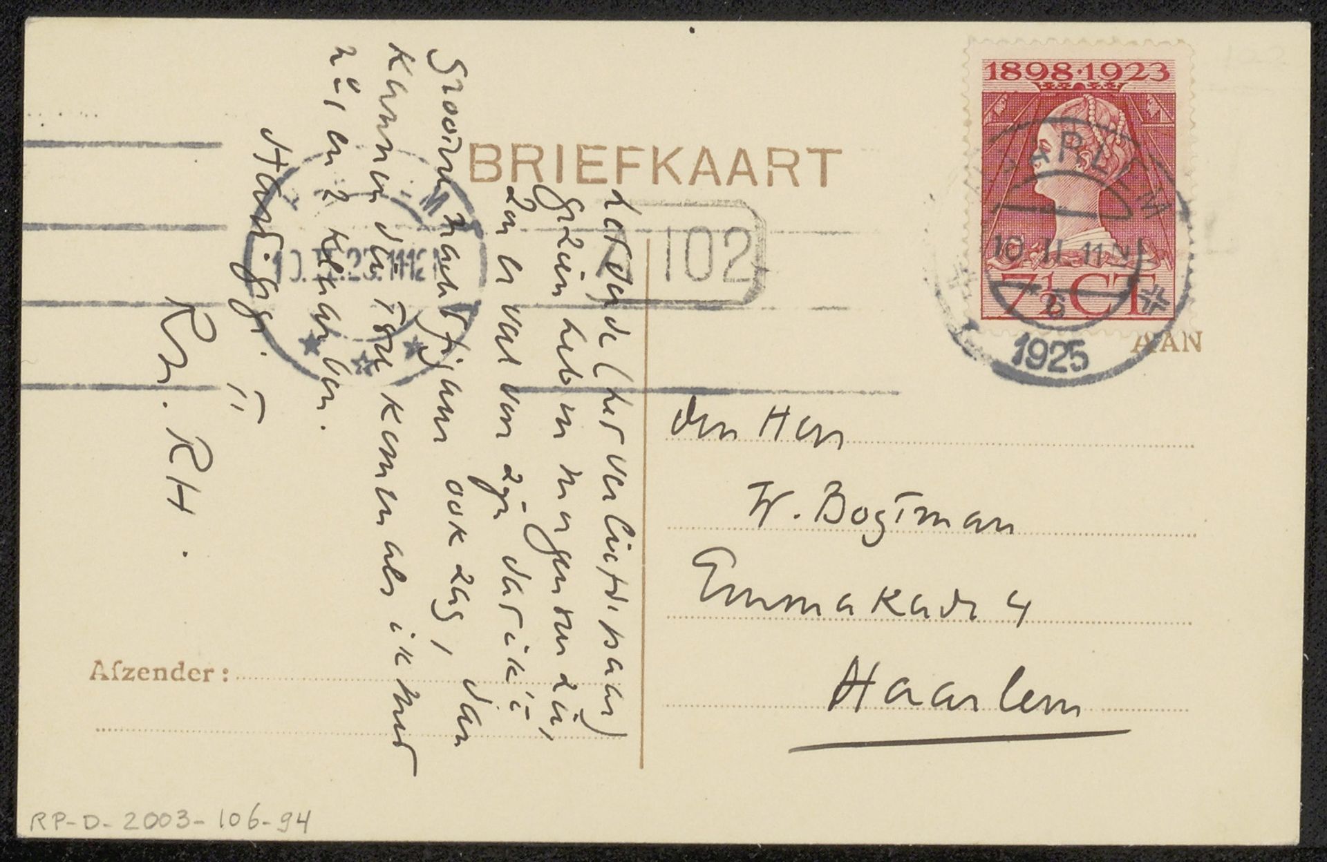 Briefkaart aan Willem Bogtman by Richard Nicolaüs Roland Holst