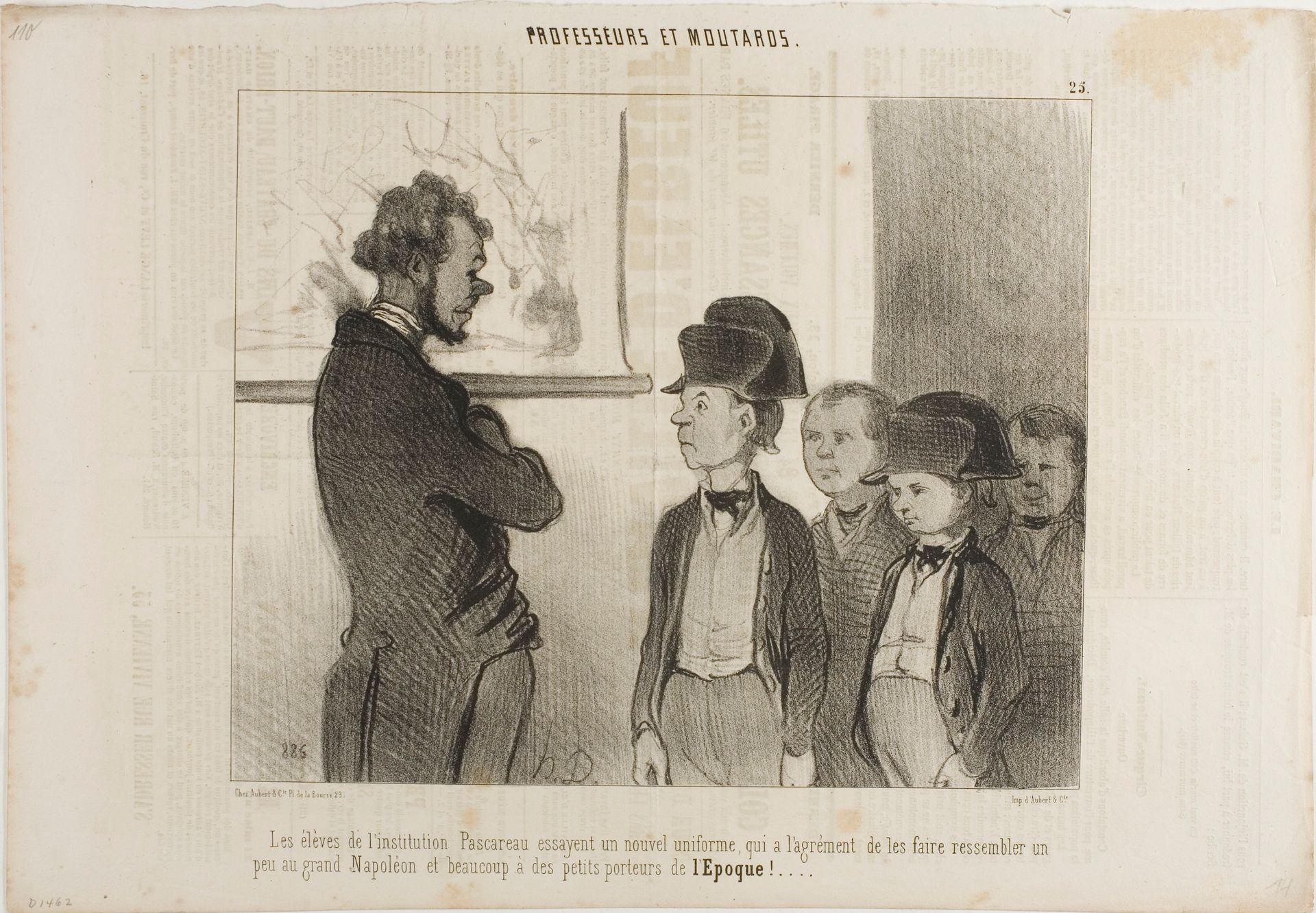 The pupils of the Institute Pascareau are trying their new school uniform which makes them look a little like the great Napoleon and a lot like little newspaper boys, plate 25 from Professeurs Et Moutards by Honoré Daumier
