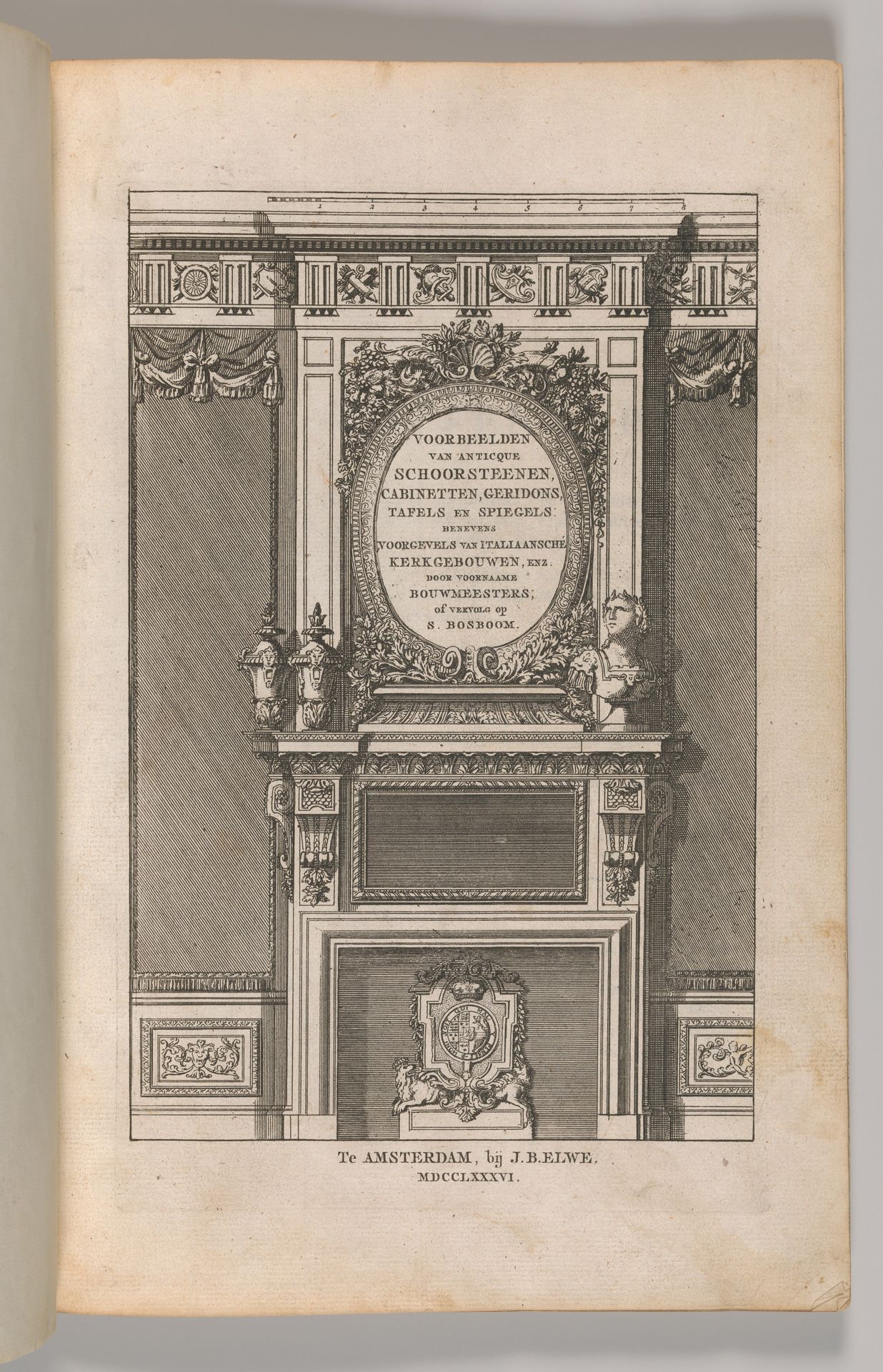 Miscellany of 17th-century Ornament Print Series: Examples of Antique Chimneypieces, Cabinets, Gueridons, Tables and Mirrors, in addition to Italian Church Facades, by illustrious architects, or a sequel to S. Bosboom by Jan Barend Elwe