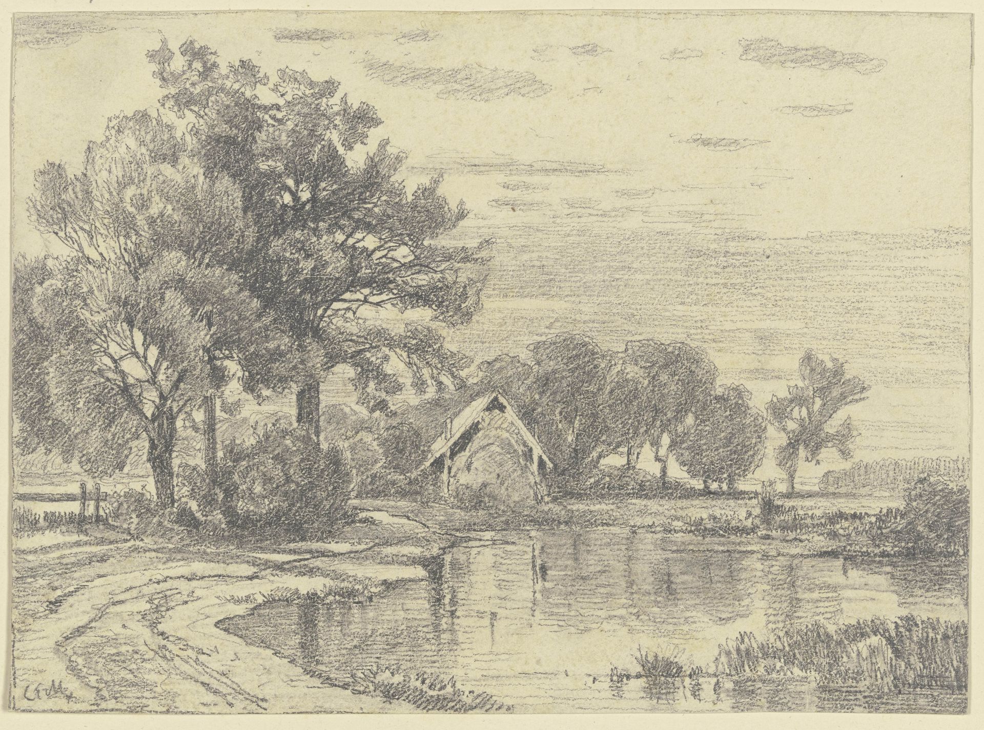 A hut by a pond by Carl Ernst Morgenstern