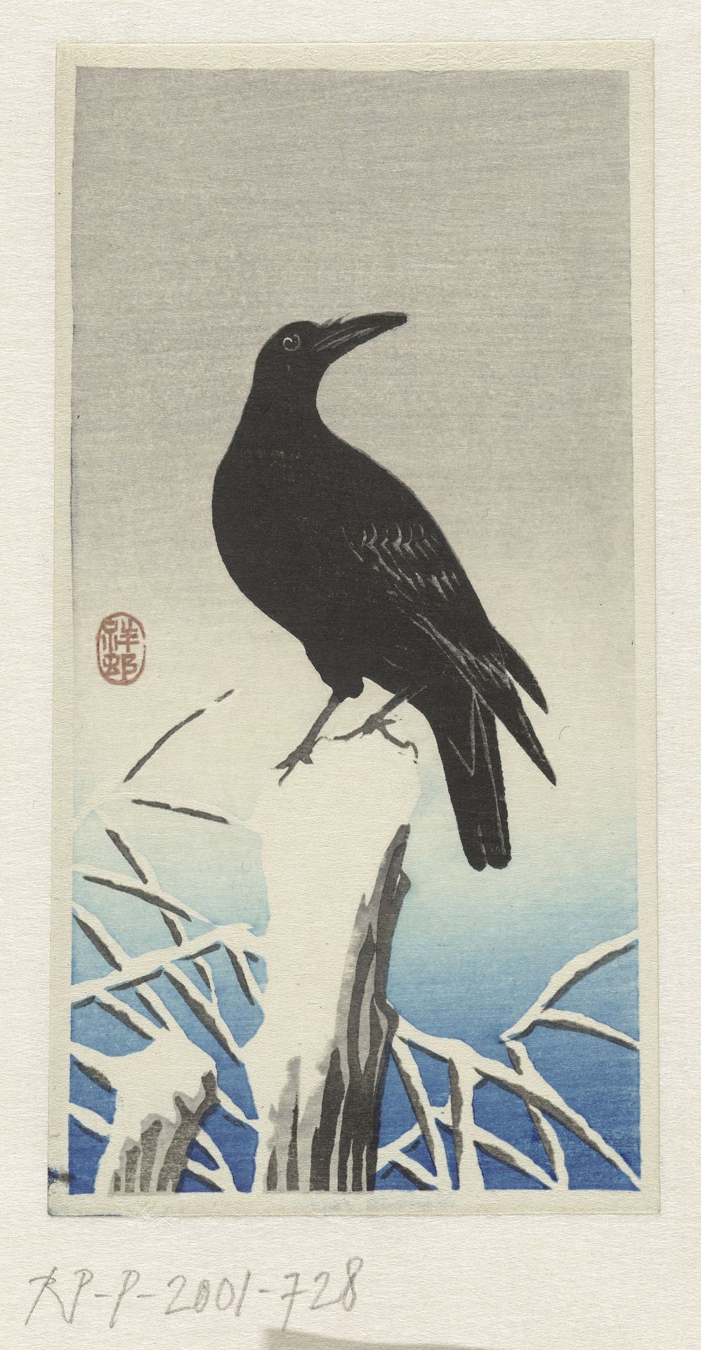 Kraai op besneeuwde paal by Ohara Koson