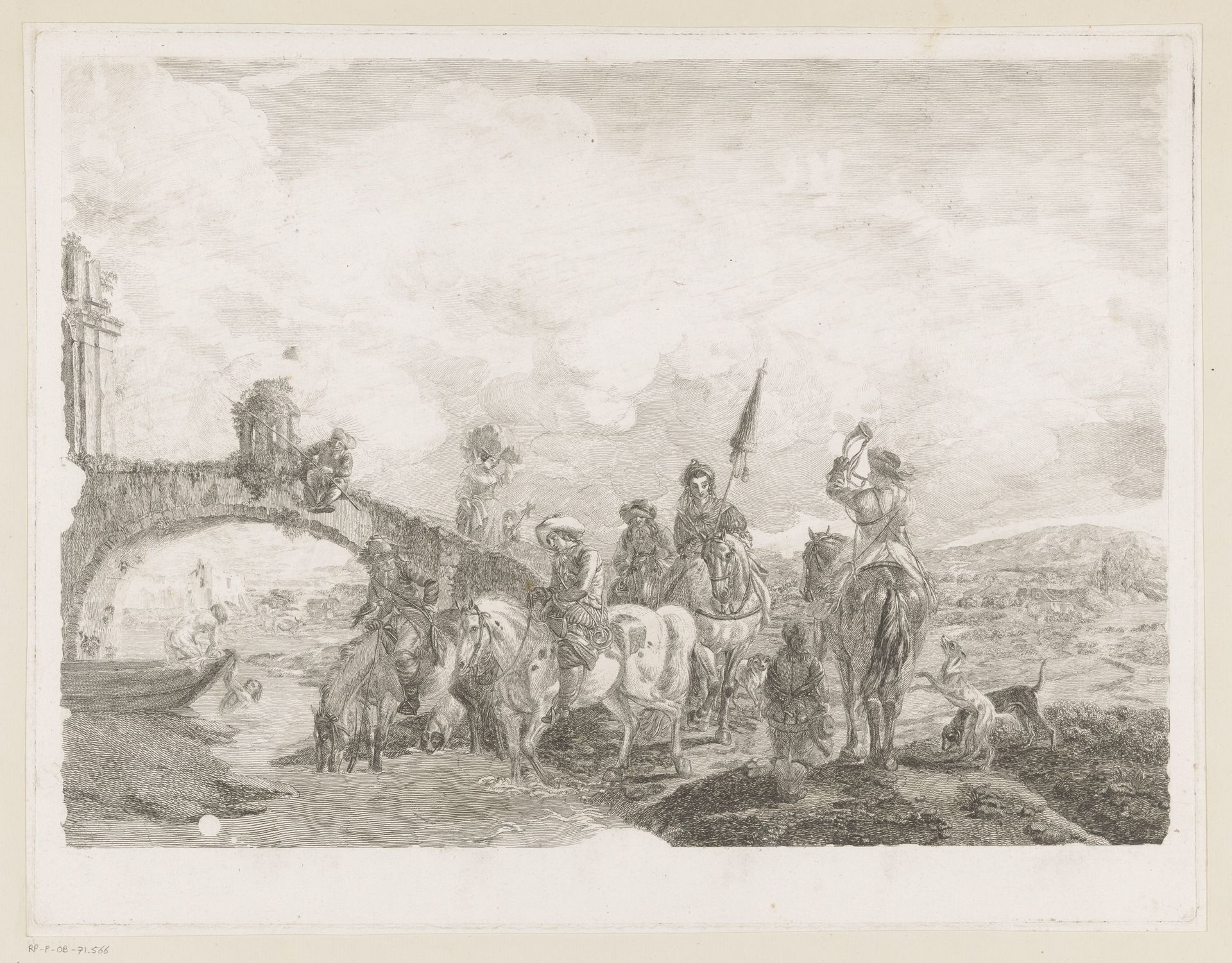 Jachtgezelschap laat paarden drinken aan de voet van brug by Jean Moyreau