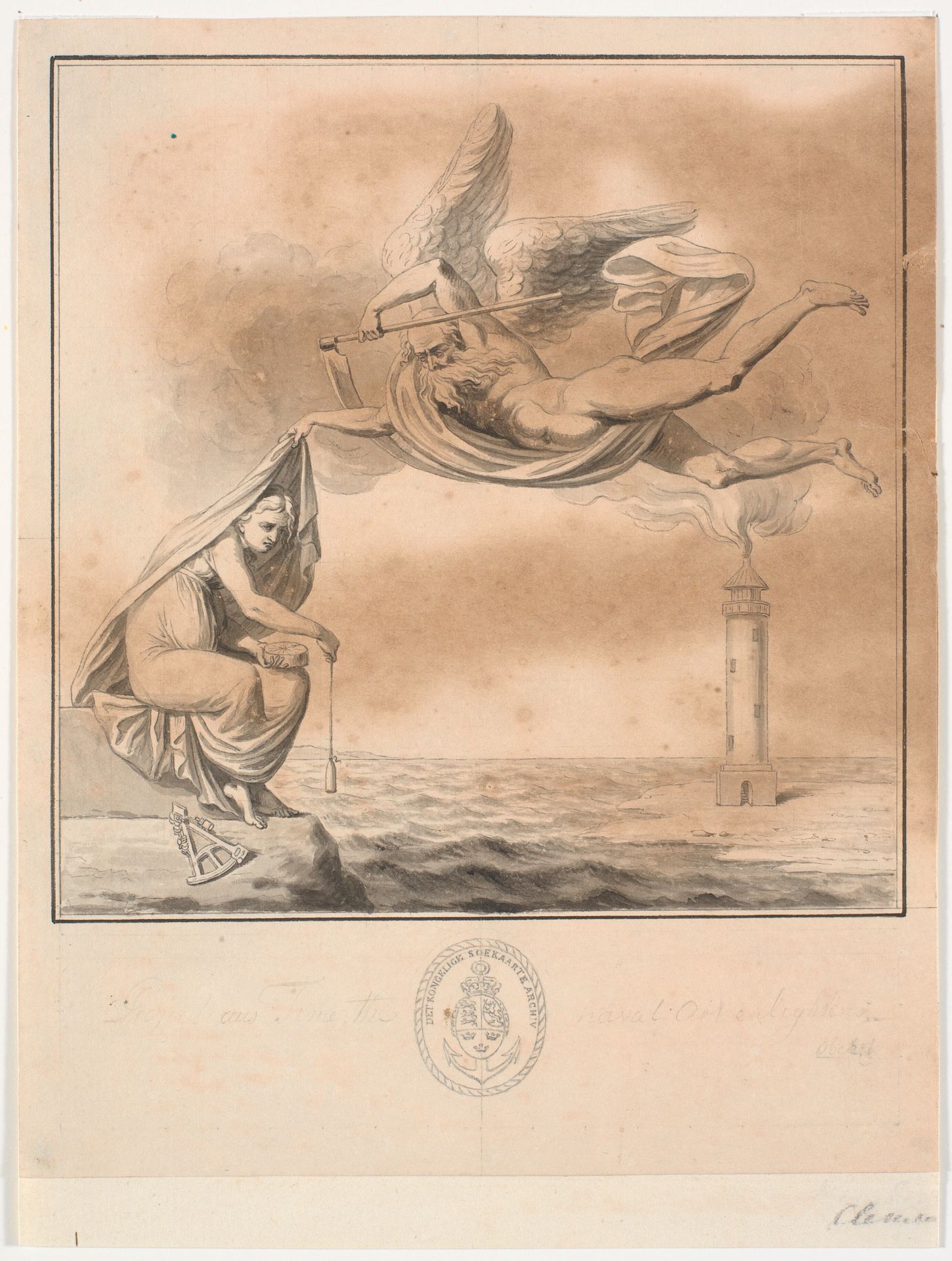 Udkast til titelkobber til P. Løvenørns Anviisning for de Seilende i Kattegattet by J.F. Clemens