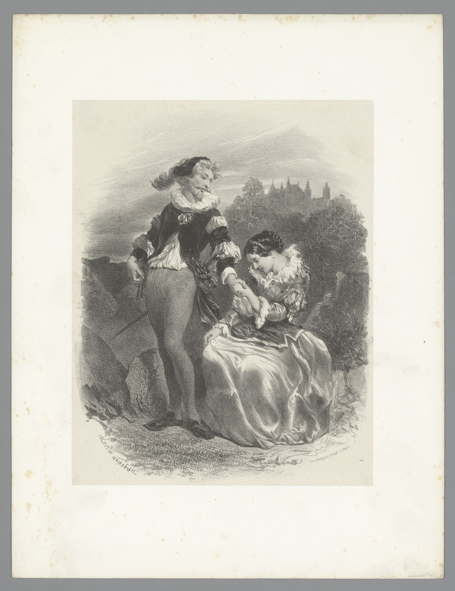Man en vrouw houden elkaars hand vast in de buitenlucht by Célestin Nanteuil