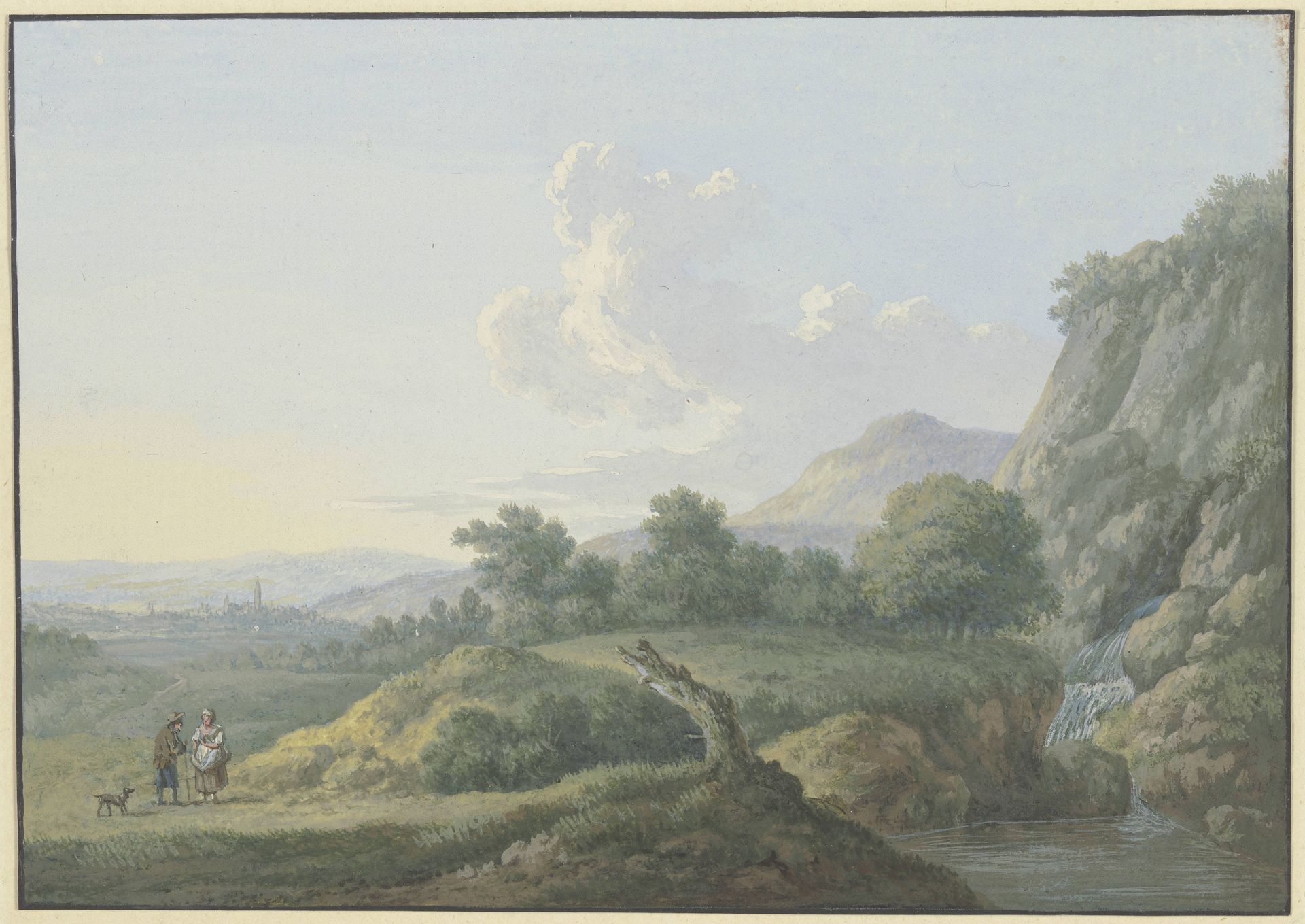 Vorgebirgslandschaft, links ein Ausblick auf ein Städtchen by Karl Franz Kraul