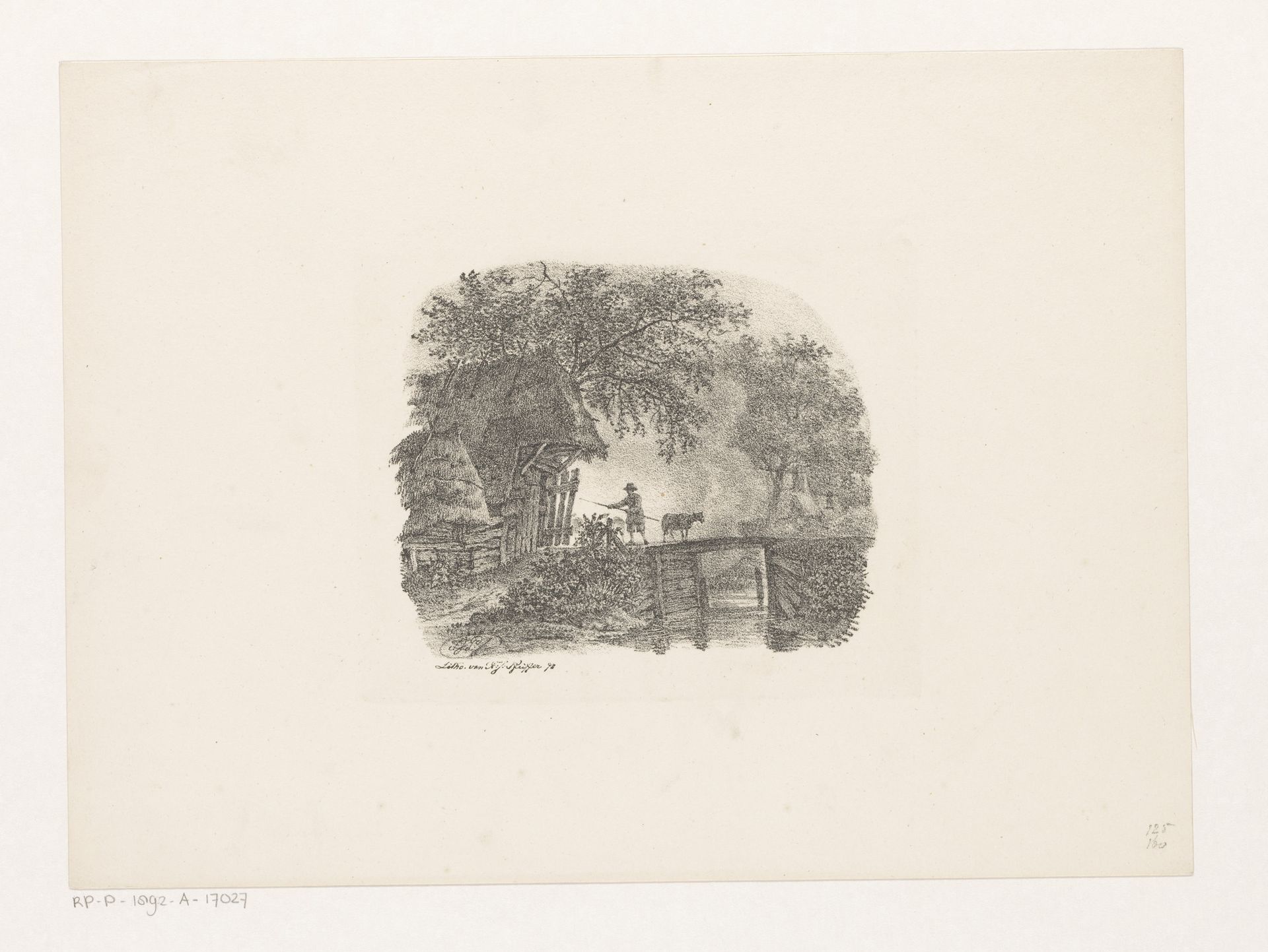 Schaapskooi bij brug by François Joseph (II) Pfeiffer