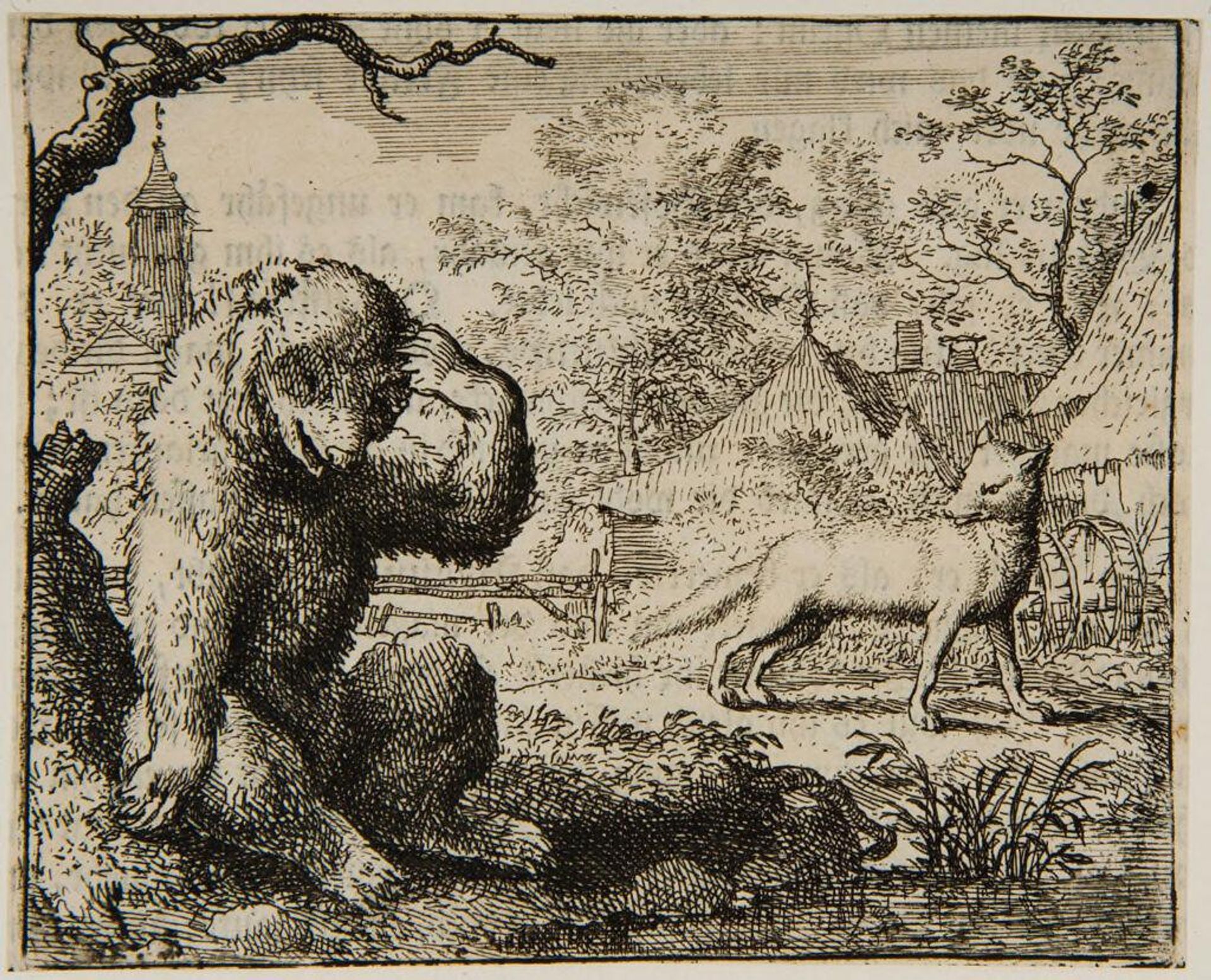Reynard watches bear scratch his head on farm by Allart van Everdingen