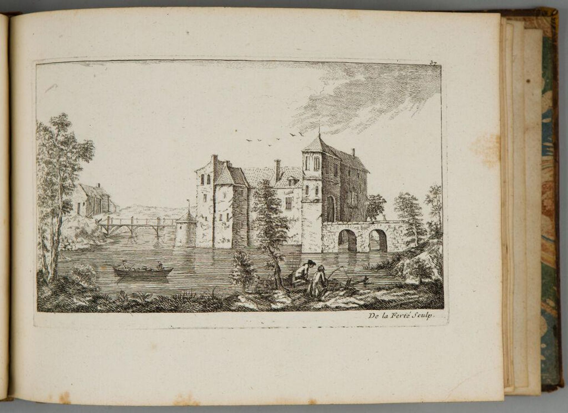 Double-Bridged Manor House with Foreground Fishermen by Denis-Pierre-Jean Papillon de la FertÃ©