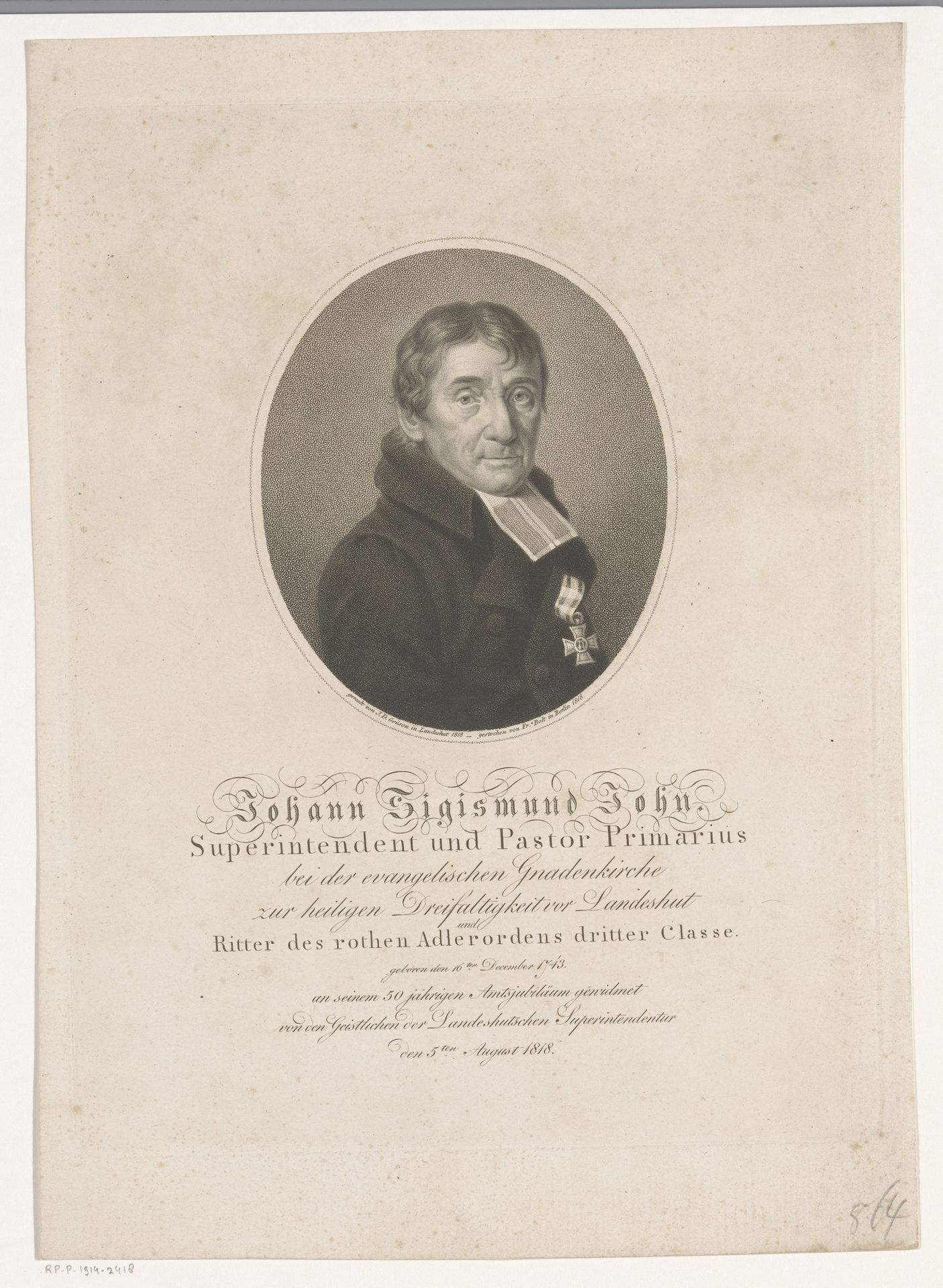 Portret van Johann Sigismund John by Johann Friedrich Bolt