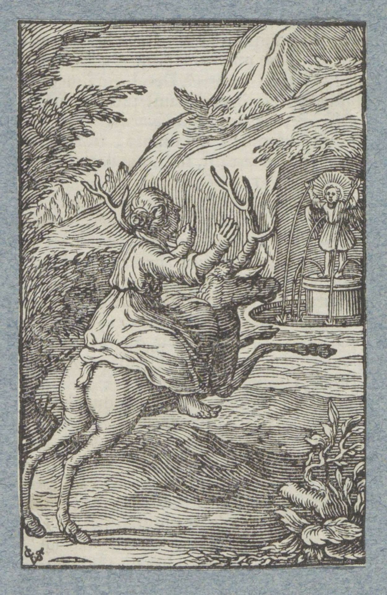 Kind rijdend op een hert bij fontein met engel by Christoffel van (II) Sichem