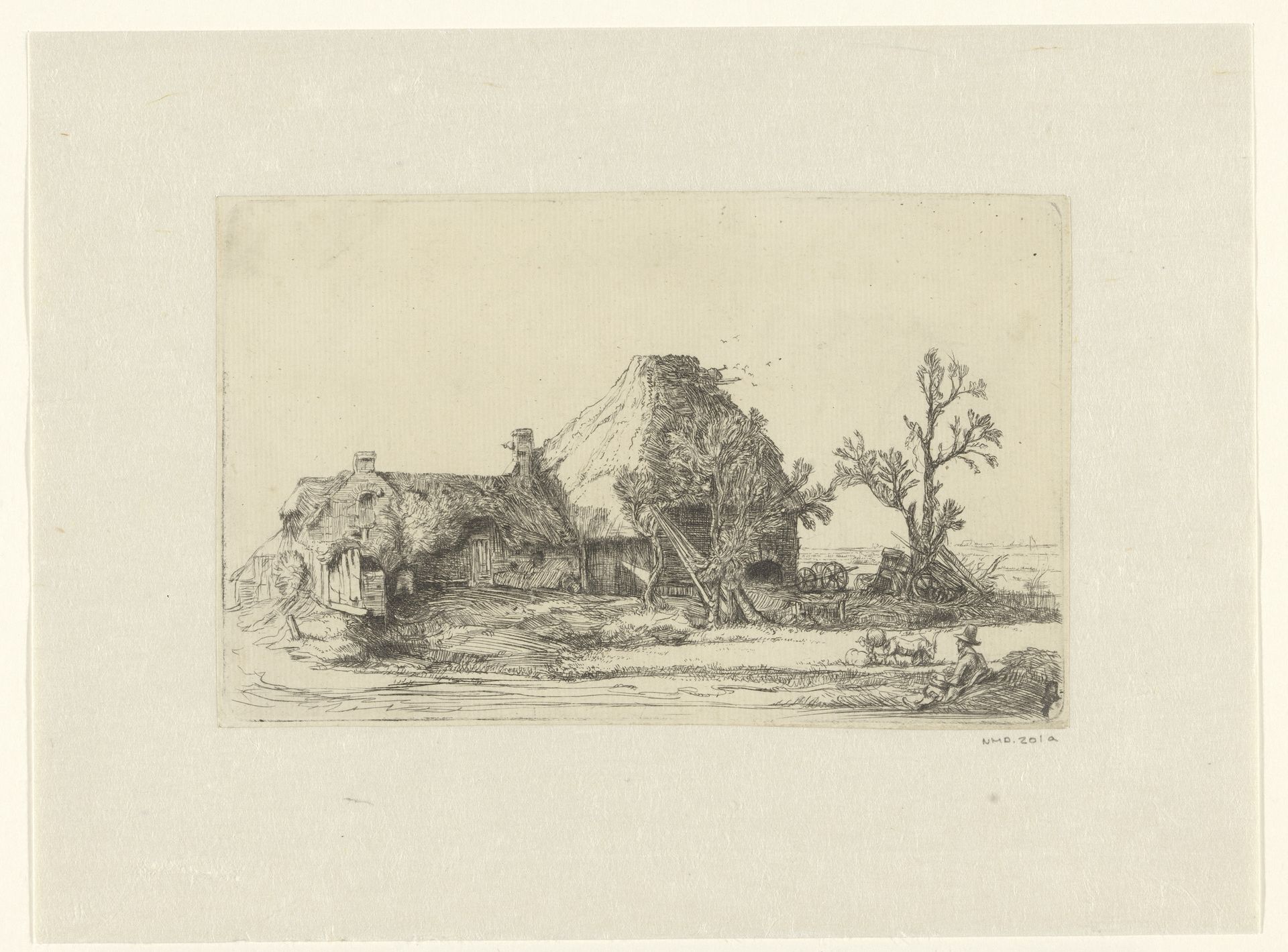 Cottages and farm buildings with a man sketching by Richard Byron