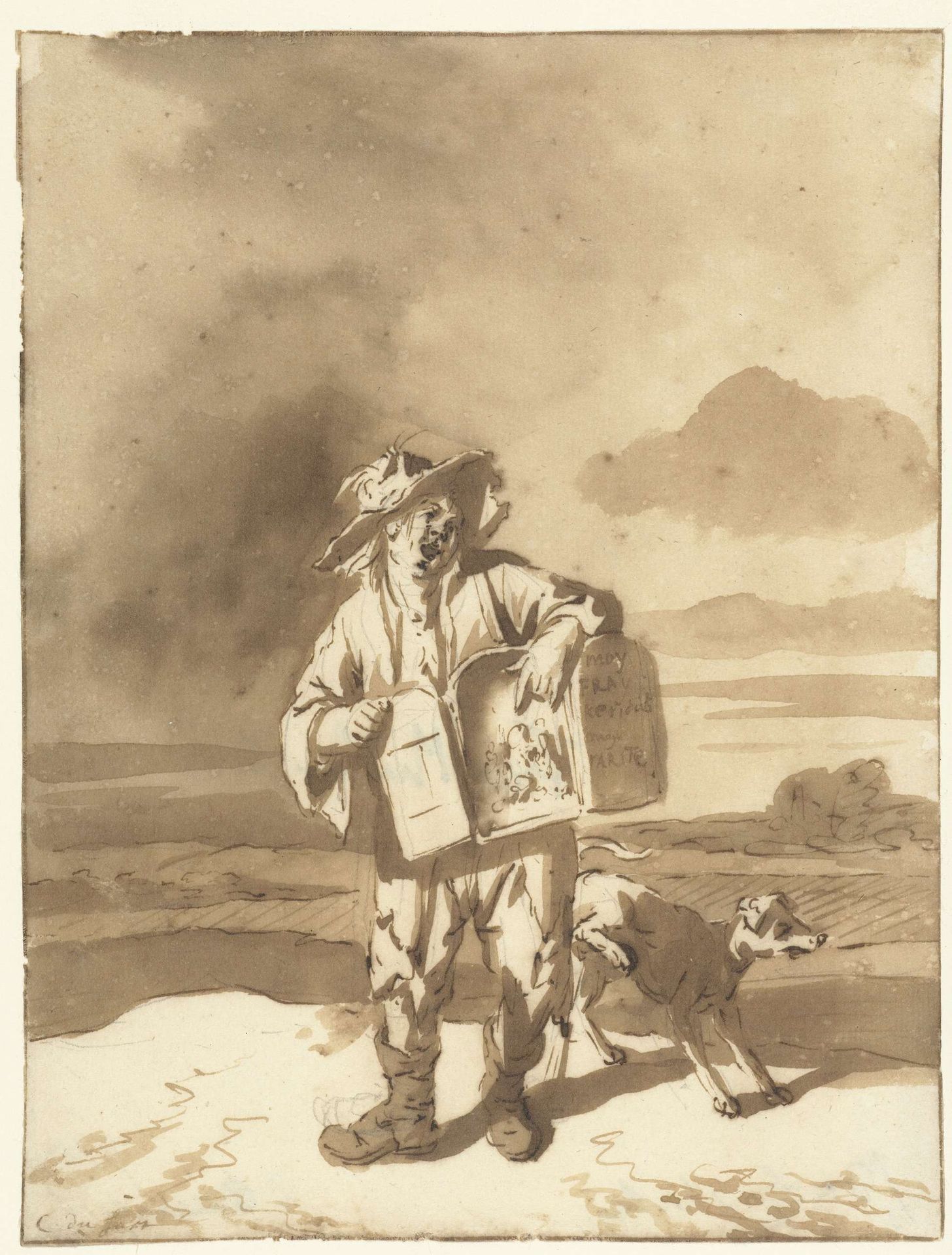 A Young Man with a Peepshow and a Dog by Cornelis Dusart