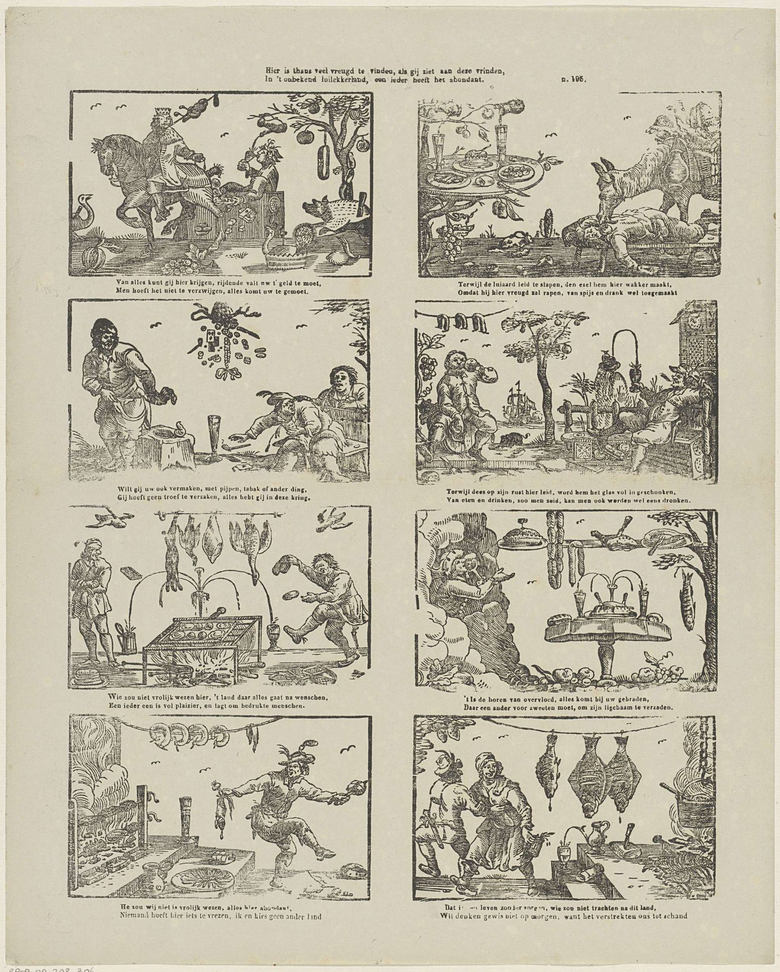 Hier is thans veel vreugd te vinden, als gij ziet aan deze vrinden, / In 't onbekend luilekkerland, een ieder heeft het abondant by Glenisson & Van Genechten