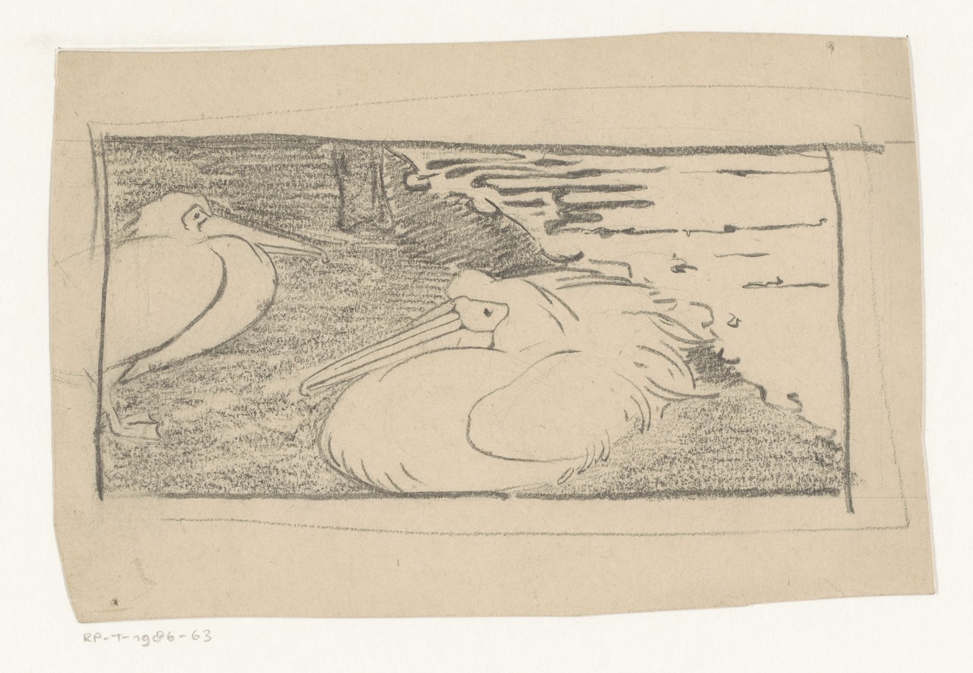 Twee pelikanen aan de waterkant by Reinier Willem Petrus de (1874-1952) Vries