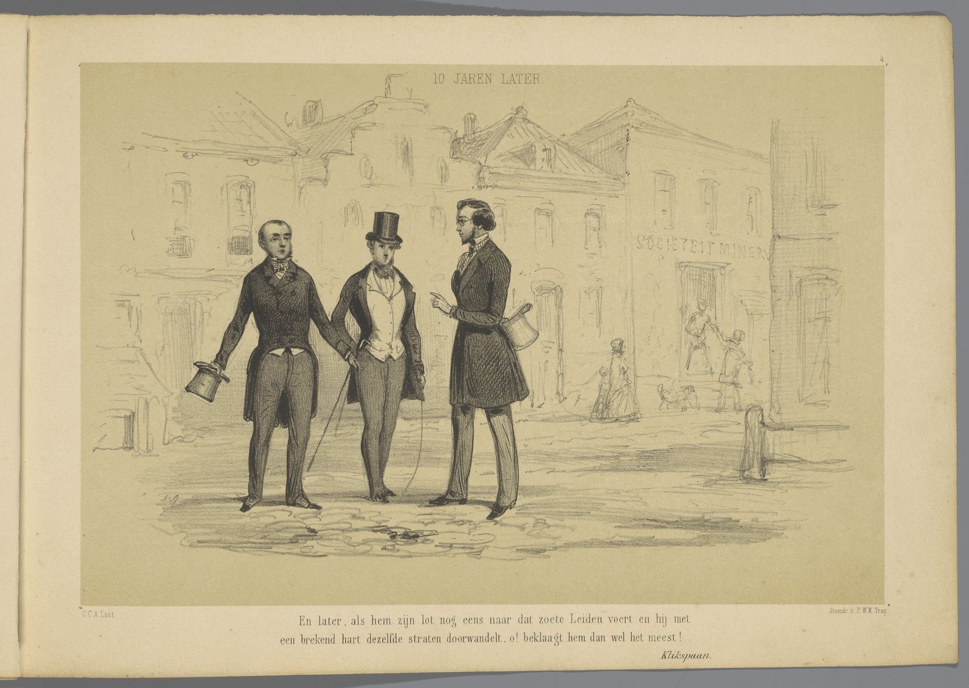 Drie heren voor de sociëteit in Leiden by Carel Christiaan Antony Last