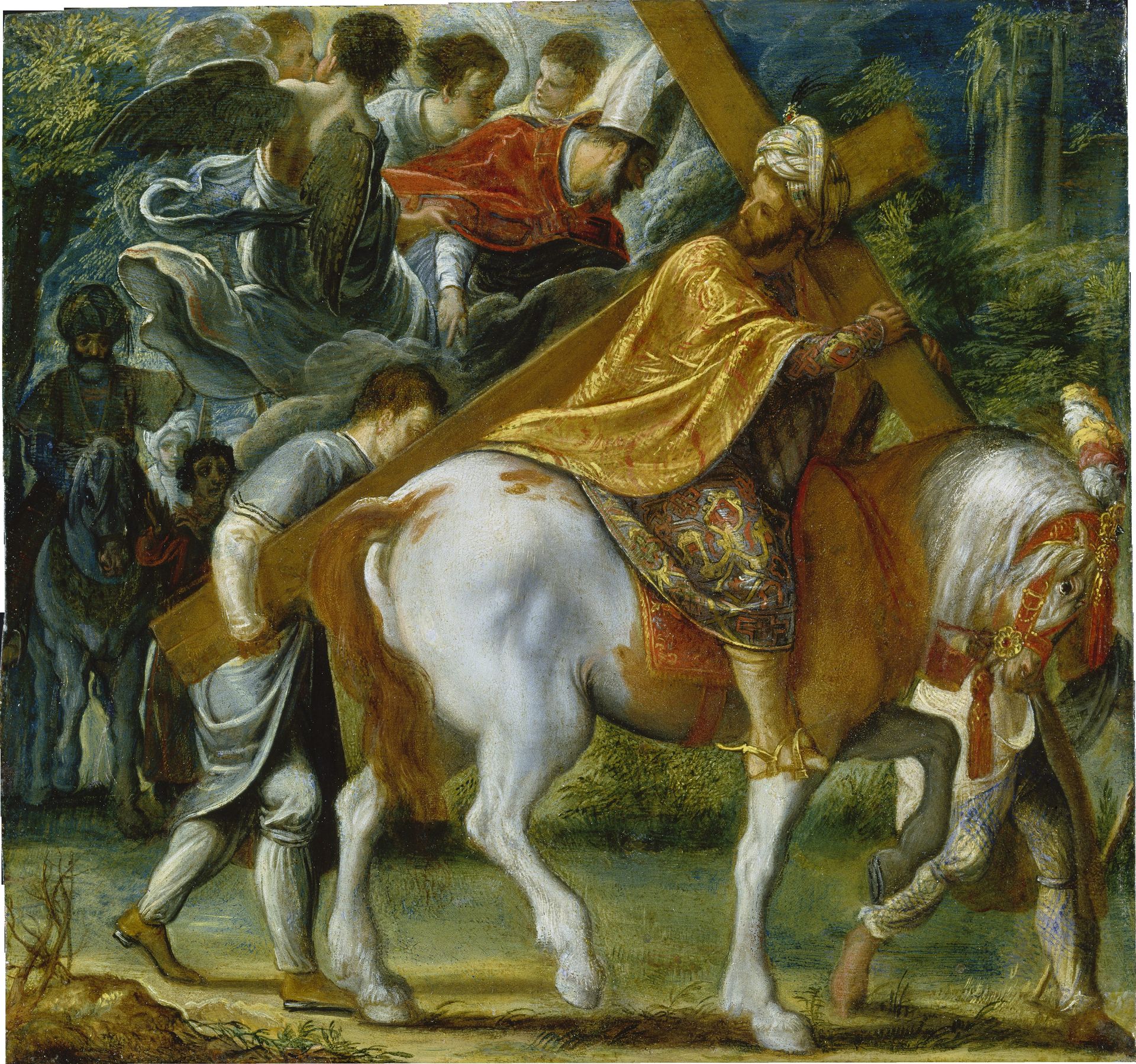 The Frankfurt Altarpiece of the Exaltation of the True Cross_Heraclius on Horseback with the Cross (bottom right) by Adam Elsheimer