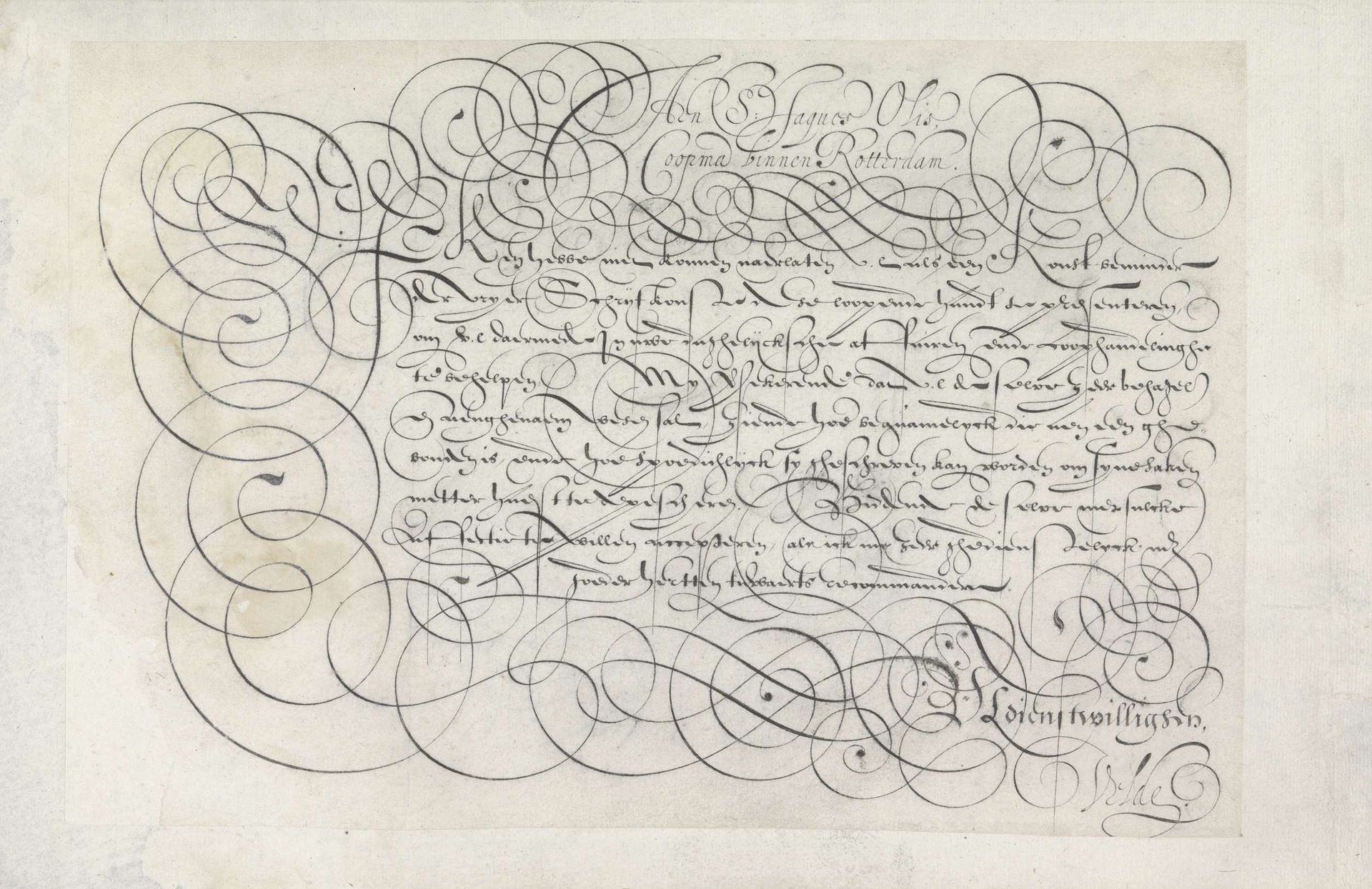 Ontwerp van een schrijfvoorbeeld: Aen S. Jaques Olis (...) by Jan van de Velde I
