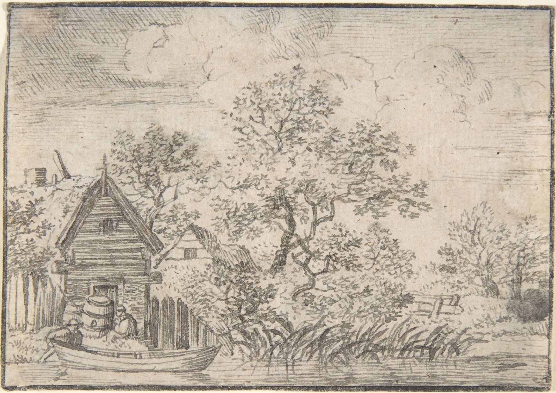 Two Men and a Boat by a House on the Water by Anonymous