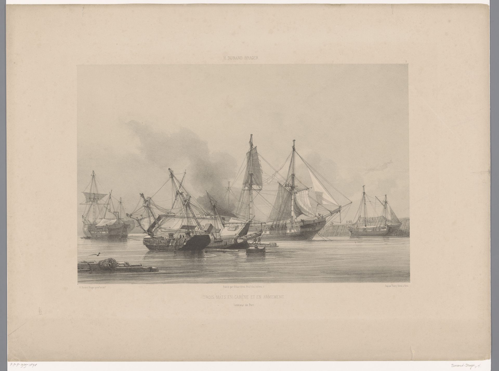 Driemasters worden geladen in de haven by Jean Baptiste Henri Durand-Brager