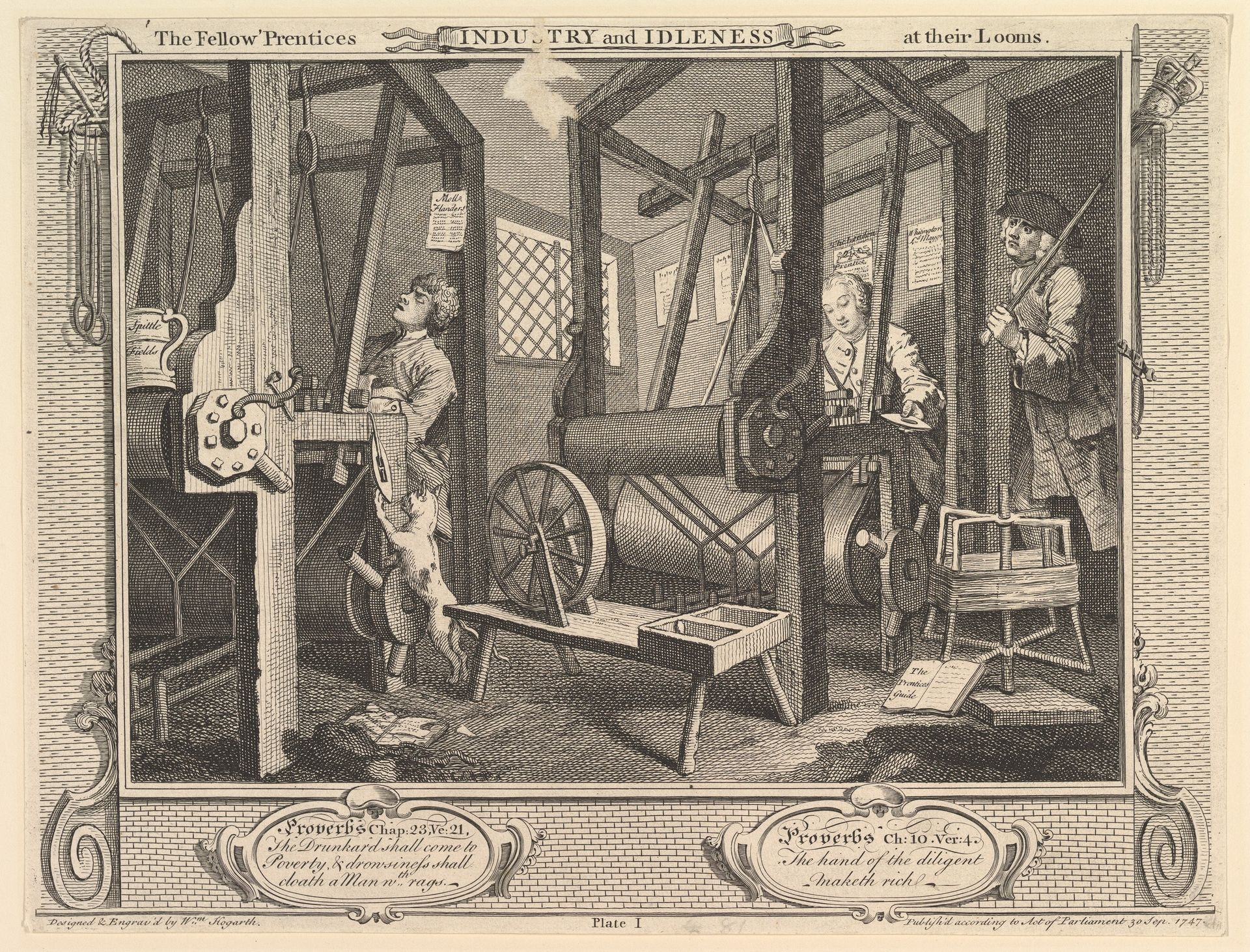 The Fellow 'Prentices at their Looms: Industry and Idleness, plate 1 by William Hogarth