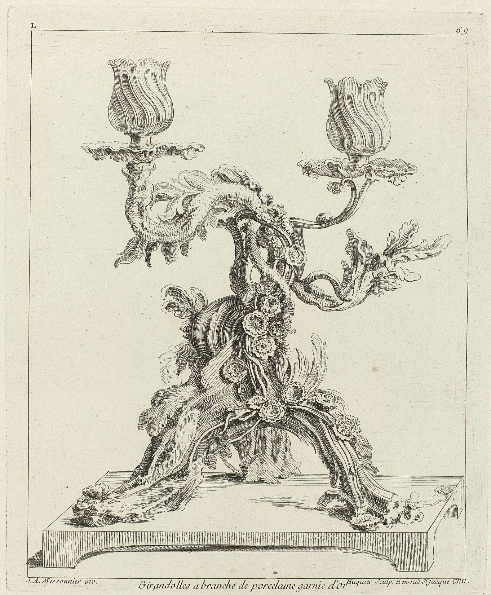 Ontwerp voor een tweearmige girandole van porselein en goud by Gabriel Huquier