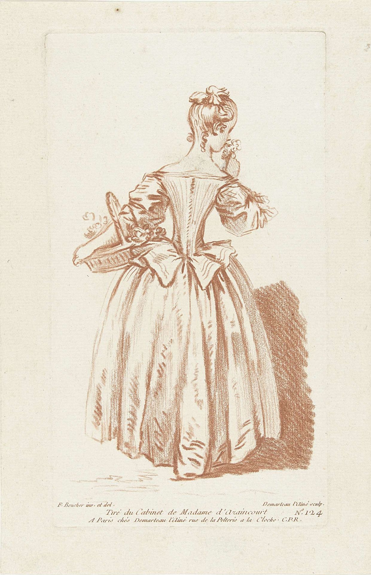 Jonge vrouw met bloemenmand, ruikend aan boeketje bloemen by Gilles Demarteau
