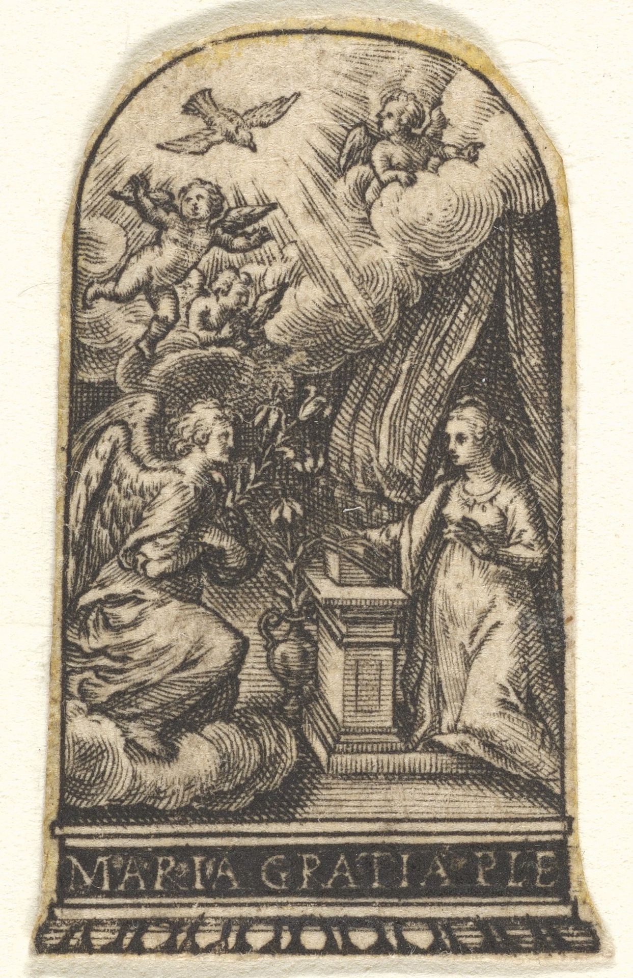 Annunciation, Mary kneels at a lectern as Gabriel approaches on a cloud from the left, with the dove of the Holy Spirit above, trimmed from an engraving showing decorations for thimbles by Johann Theodor de Bry