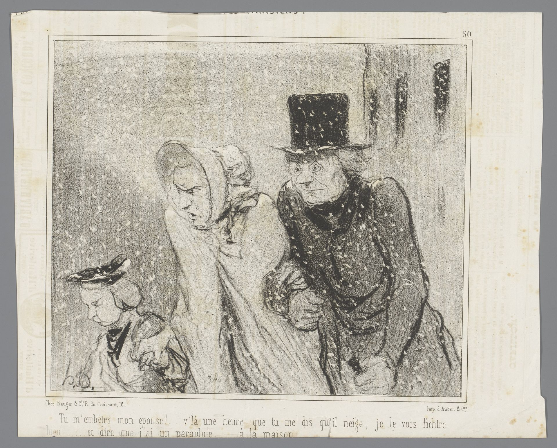 Gezin loopt in een sneeuwstorm by Honoré Daumier