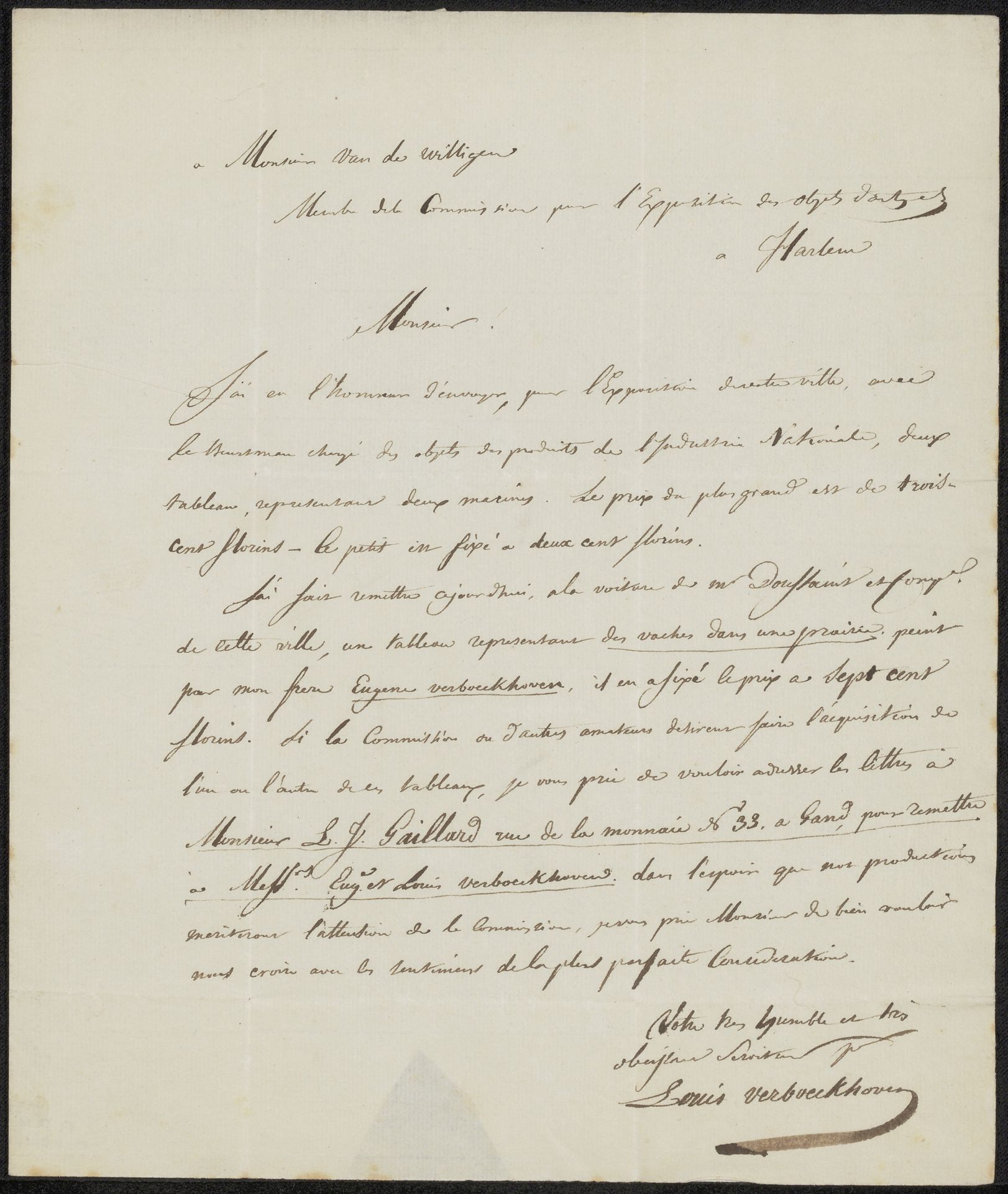 Brief aan Adriaan van der Willigen, lid van de commissie van de Tentoonstelling van Levende Meesters in Haarlem by Charles Louis Verboeckhoven