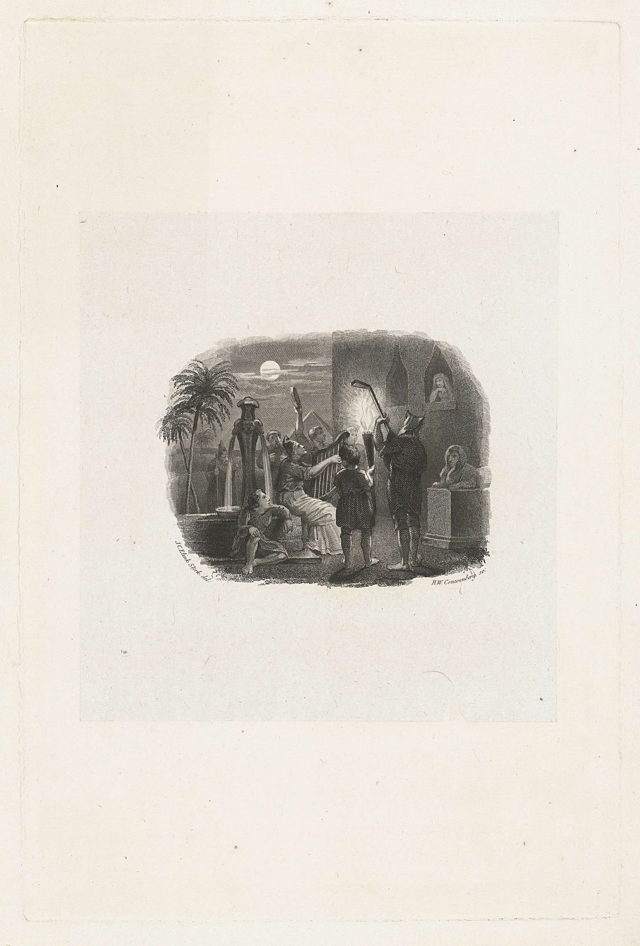 Groepje muzikanten speelt 's nachts voor het raam van een vrouw by Henricus Wilhelmus Couwenberg