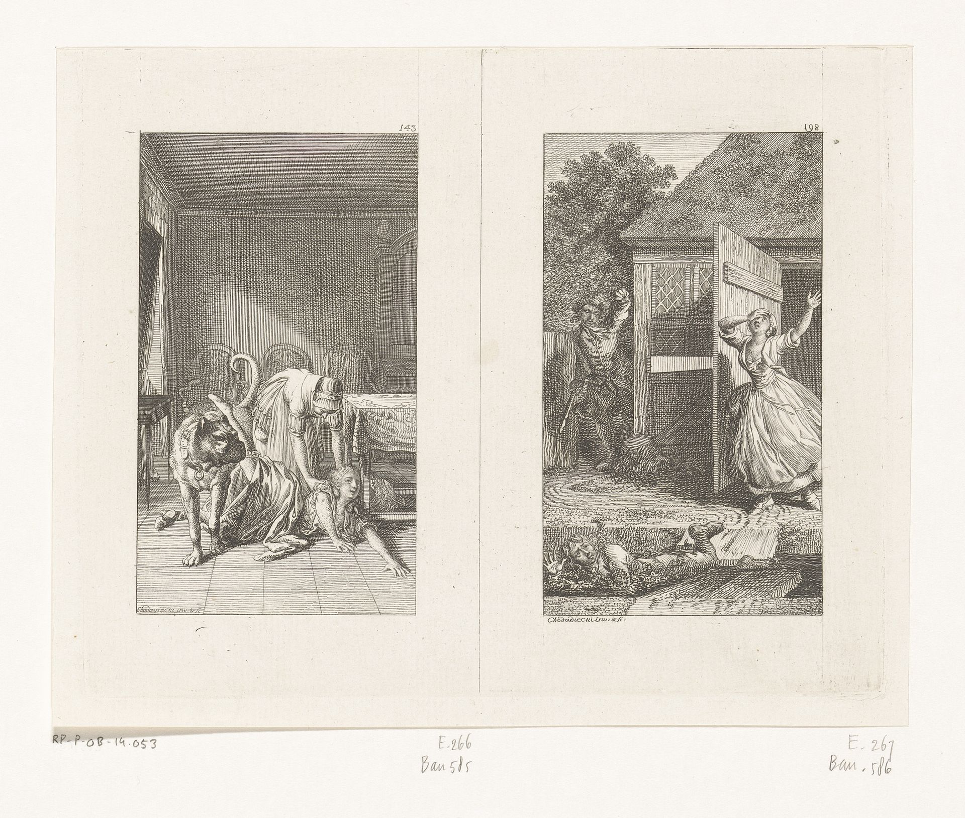 Frau Dombardey valt van de rug van de hond en Konrad valt in de sloot by Daniel Nikolaus Chodowiecki