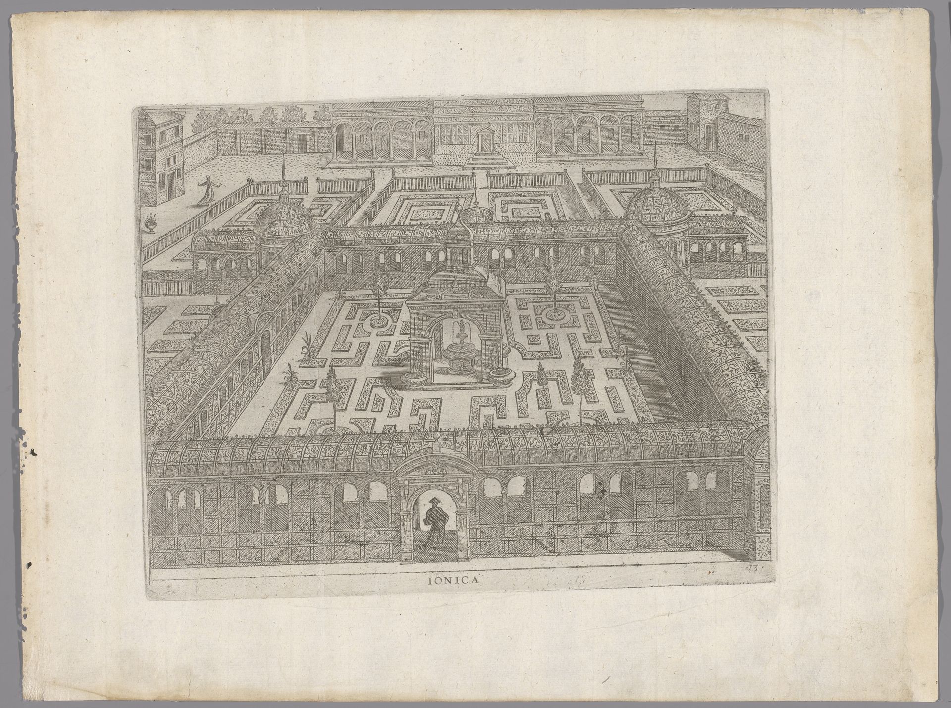 Tuin met een parterre omsloten door een gang van traliewerk en in het midden een fontein by Anonymous