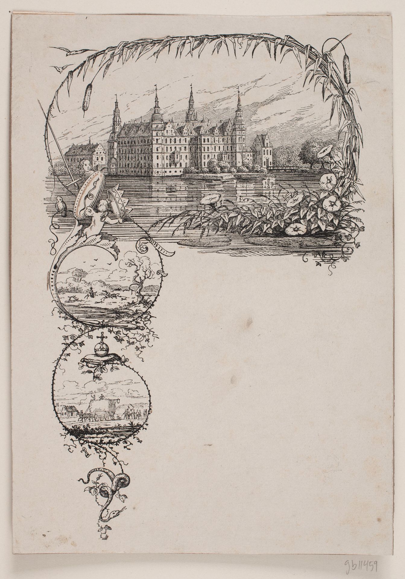 Brevpapir med Frederiksborg samt jagt- og høstmotiv by Johan Aagaard