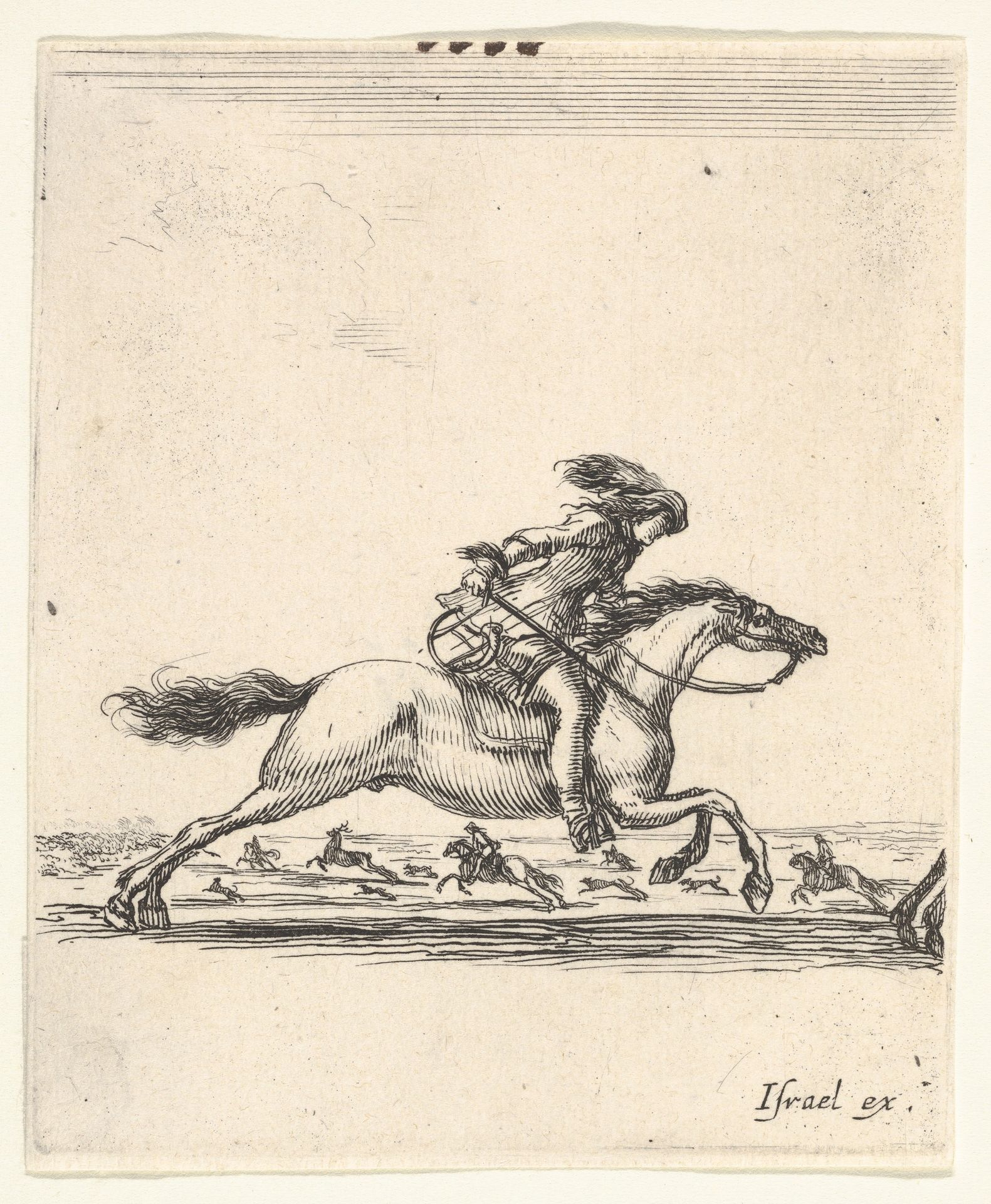 A horseman with sword in hand galloping towards the right, other horsemen galloping towards the left in the background, from 'Various cavalry exercises' (Diverses exercices de cavalerie) by Stefano della Bella